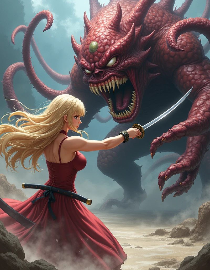  looks from front and side : Anime style girl,  with big breasts with long blond flowing hair , , jumping strongly, cuts the scary tentacle monster in half with a Samui katana ( the monster right in front of her ,looks at the monster ), a yellow-gray monster squirts to the sides ,Maximum Details,beautiful girl,Pnime style,