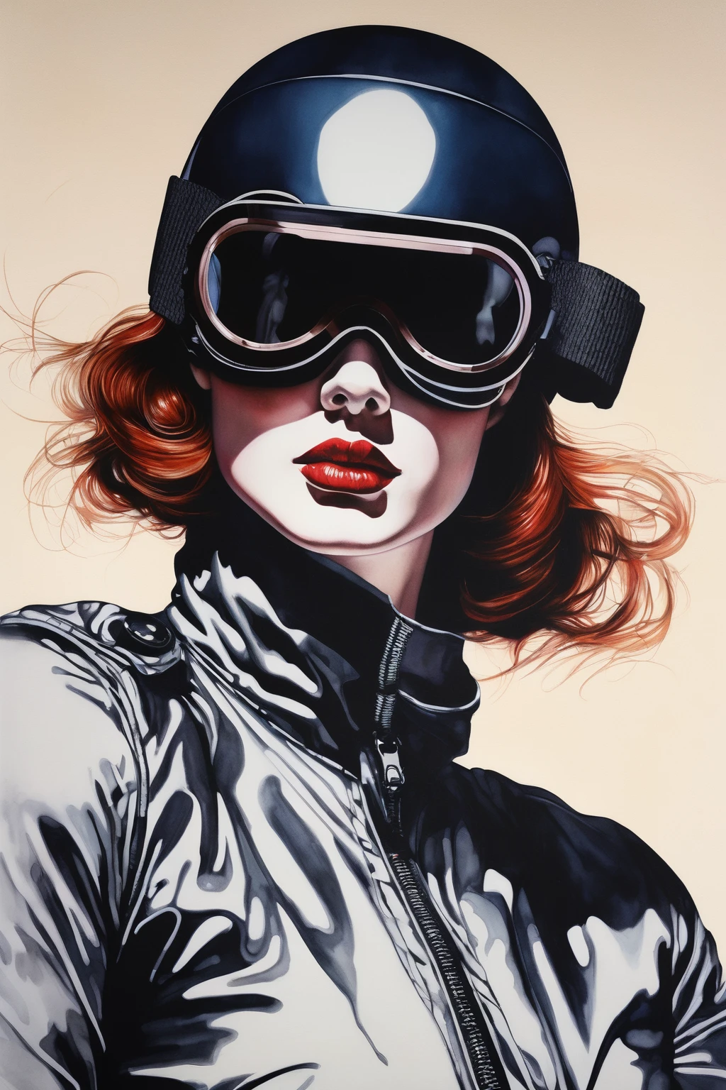 chiaroscuro technique on sensual illustration of a woman, vintage , eerie, matte painting, by Hannah Dale, by Harumi Hironaka,motocross goggles
