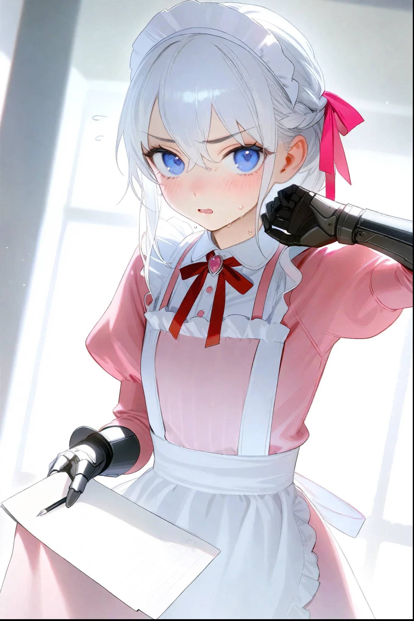 1girl, 
kfr, ohisashiburi, sho \(sho lwlw\), ask \(askzy\), 
imizu , nitro unknown, blush, embarrassed, looking at viewer, open mouth, solo, sweatdrop, brooch, ribbon, single mechanical hand, juliet sleeves, red ribbon, long sleeves, neck ribbon, braid, mechanical hands, blackletter, dress, frilled apron, alternate hairstyle, pink dress, blurry background, ascot, jewelry, tucking hair, pink ribbon, flying sweatdrops, enmaided, indoors, looking to the side, hair ribbon, apron, mechanical arms, white hairband, long hair, frills, sweat, alternate costume, nervous sweating, hairband, maid apron, maid, blurry, white hair, blue eyes, prosthetic hand, single braid, hair between eyes, prosthesis, flying, prosthetic arm, raised eyebrow, pink ascot, nervous, notepad, leaning to the side, puffy sleeves, curtsey, maid headdress, parted lips, 
masterpiece, best quality, newest, absurdres, highres, sensitive