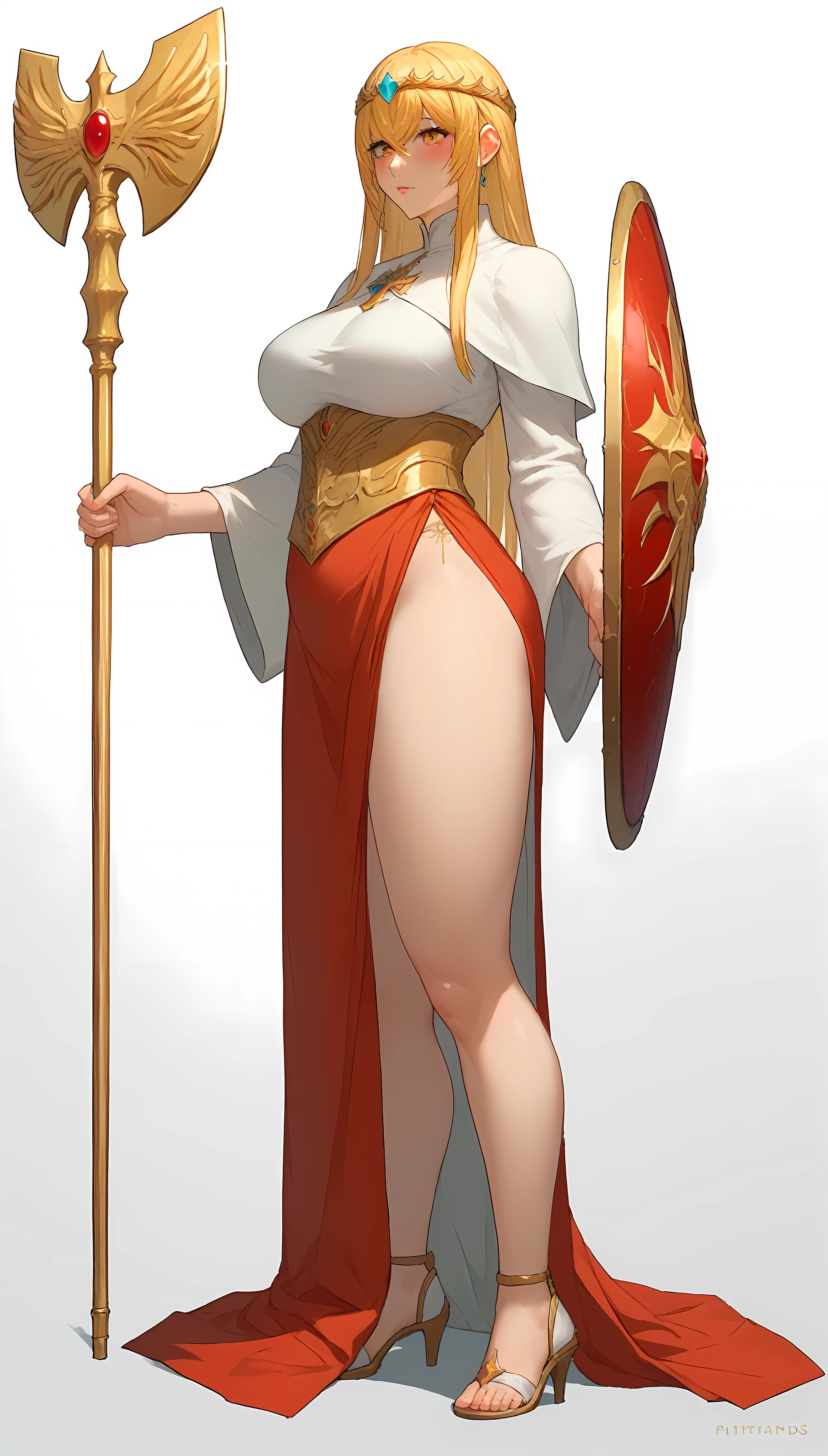 19 yo, (teen Sugar girl), (anime girl with long blonde straight smooth hair braidstrands and curtain-bangs:1.5), a saint/shield-bearer white-gold bareshoulders dress, simple golden-circlet, a priestess with amber eyes, anime moe artstyle, waifu, (mature woman with lean perfection abdomen:1.5), sweet sweet mommy's expression, blushing confident, (Droopiest Gigantic Largest), (1 arm behinds head - swaying hair), Curvy body, legs apart, (holding a Saint Staff on one hand and a Holy Shield on another hand:1.5), BREAK, simple white background, side view full body shot, (Smooth shading), subtle highlights, warm & soft pallette, polished painterly look, moe anime-style final fantasy brave exvius wars of the vision digital artstyle, character illustration style, character sheet, 2.5D, 128K UHDR Best Quallity