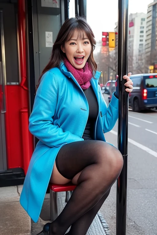  put on a long coat，(((Outdoors with a lot of traffic )))，  blue sexy underwear waiting in bed 、big 、50 years old、 black tights、  open your mouth wide and laugh ，  laughing with your mouth wide open  ， perfect body ，Perfect body，  Get in shape when you're balanced ，Sit at a real bus stop in the city ，