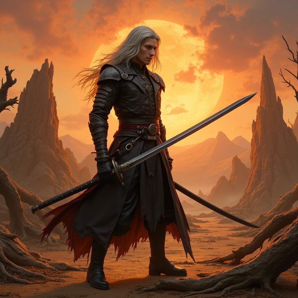 masterpiece, best quality, 8k, highres, ultra-detailed, HDR, UHD, ultra-fine painting, silver-haired swordsman, long silver hair flowing, holding excessively long katana, black leather coat with metal shoulder armor, dark gloves, intense gaze, desolate wasteland, orange sunset, barren landscape with dead trees, broken ruins, eerie and atmospheric, light rays filtering through the haze, dramatic and powerful stance, rugged terrain, apocalyptic setting, detailed textures