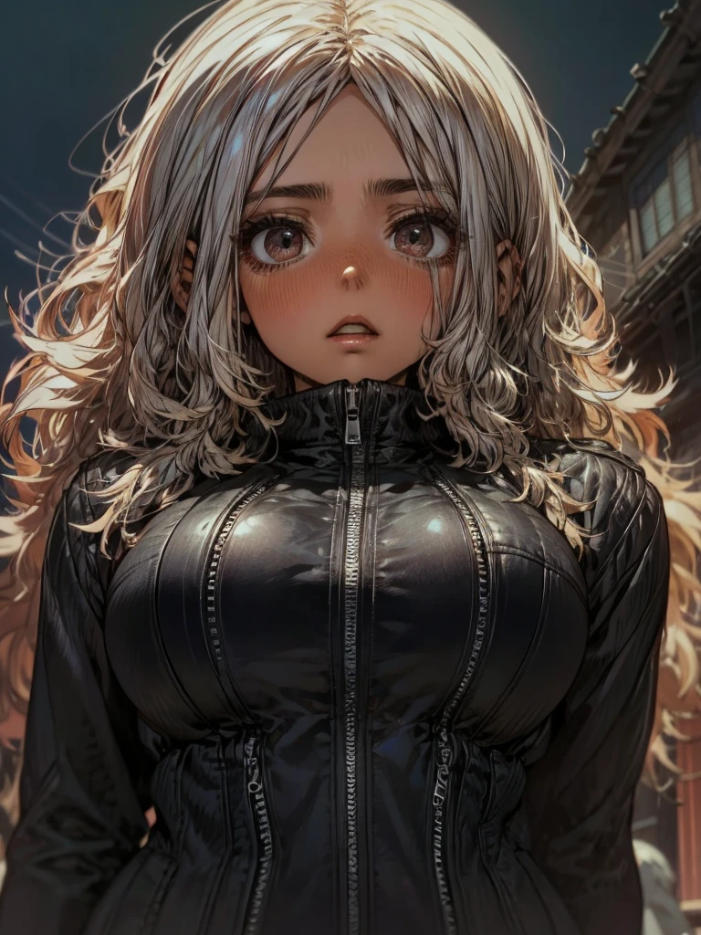  close-up of a dark-skinned woman, white hair, with a serious expression,  wearing a black leather jacket , and a black tube bra , looking at something, At night, hnkStyle , 80's anime,