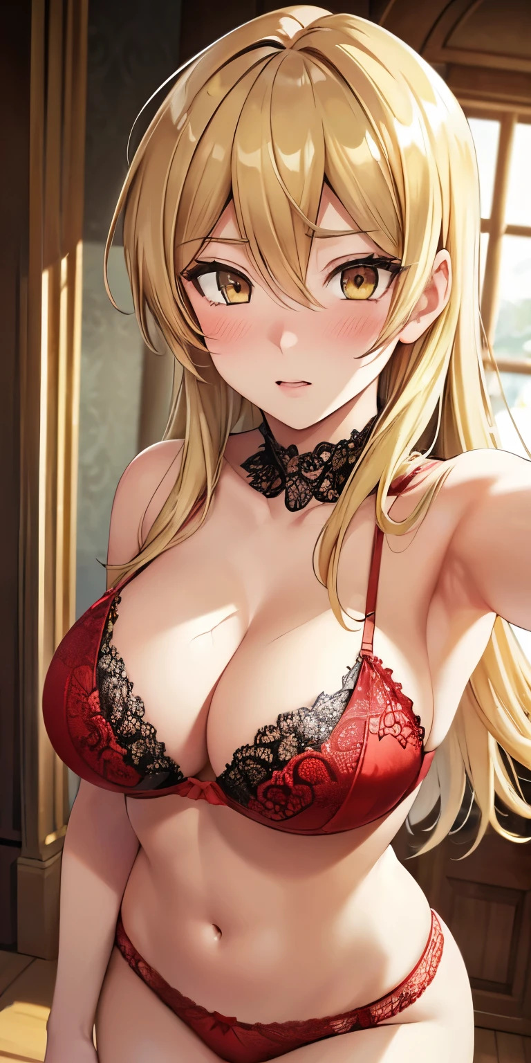 1 Female,High definition,high resolution,Ultra-realistic,8K, ta1, blonde hair, long hair, yellow eyes,large breasts,European,sexy,Upper body close-up,Photographed from the front,Dynamic Angles,red lace panties,red lace bra,blush, big tits ,(bare neck),(selfie)