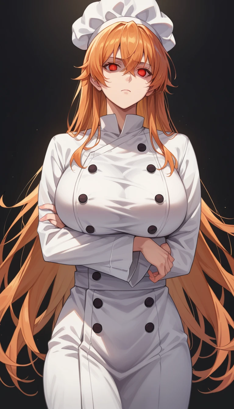 score_9, score_8_up, score_7_up, score_6_up, score_5_up, score_4_up, BREAK source_anime,1girl,erina nakiri, long hair, orange hair, hair between eyes,(Red eyes), glowing eyes,Huge breasts,((empty eyes)),Expressionless,(stand up), ((Black chef uniform)), cowboy shot, black background, simple background,