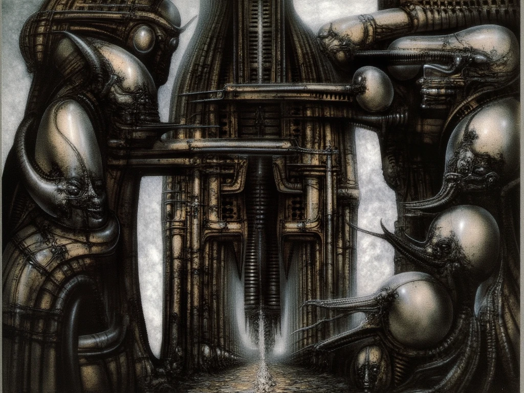 H. R. Giger's g1g3r, , Giger_style, The image is a detailed view of H.R. Giger's \" NY City  \" plate, featuring (  The image is a  Biomechanical Landscape charcoal drawing depicting close-up of a vertical city with pipes and metal structures, creating a sense of depth and complexity. By Giger in unmaskable giger's style )  (best quality:1.4) ,H R GIGER's biomechanical is a digital artwork featuring  vertical city set against a backdrop of intricate mechanical pipes and wires.. with a glowing light source, dence cloudy mist, strokes of steam. (A haunting and surreal image inspired by the work of H.R. Giger. The artwork depicts a biomechanical corridor, with intricate tubes and pipes snaking along the walls. A strange, organic form, reminiscent of the Alien creature, lurks in the shadows, adding to the sense of unease and mystery. The overall atmosphere is one of darkness, decay, and the unsettling nature of the unknown, best quality:1.4) The artistic manner would be unmistakably Gigeresque. A dark and unsettling beauty would permeate the piece, blurring the lines between fascination and repulsion , forever haunted by the grotesque allure. Giger's signature artistic manner would be evident in every stroke. The artist has used careful linework to depict the contours and textures in the piece, (Triadic:1.1), (Proportion:1.1),  , (Reflected light:1.2), Parchment, ultra detailed, intricate,, dry b (best quality:1.4), H.R. GIGER,  BY GIGER