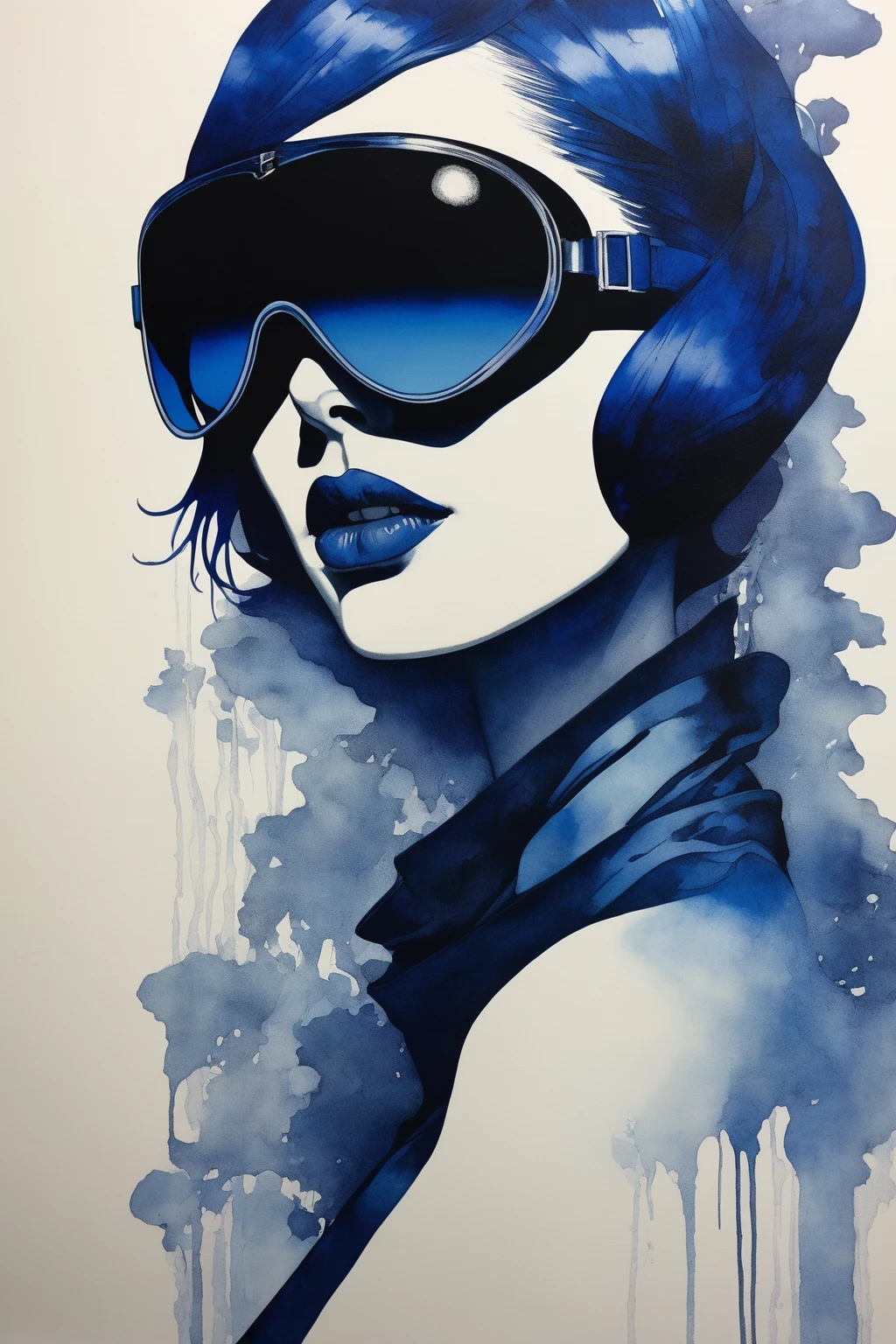 chiaroscuro technique on sensual illustration of a woman silhouette with blue indigo colours, vintage , eerie, matte painting, by Hannah Dale, by Harumi Hironaka,motocross goggles
