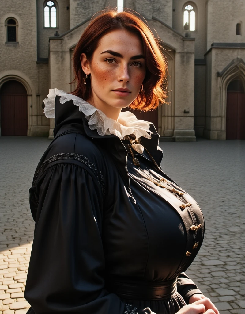 Photorealistic, cinematic style, a picture of a beautiful British woman standing in the courtyard of a Elizabethan manorhouse. cobbled stone pavement, grey stone walls, small stained glass windows. She is wearing a black Elizabethan era dress with high neckline. (white ruff collar:1.5), (millstone collar). She's got brown eyes, downturned eye shape, light skin and freckles, reddish-brown hair, long bob hairstyle.  perfect hand,HDR, intricate details. Late afternoon sun, golden hour light
