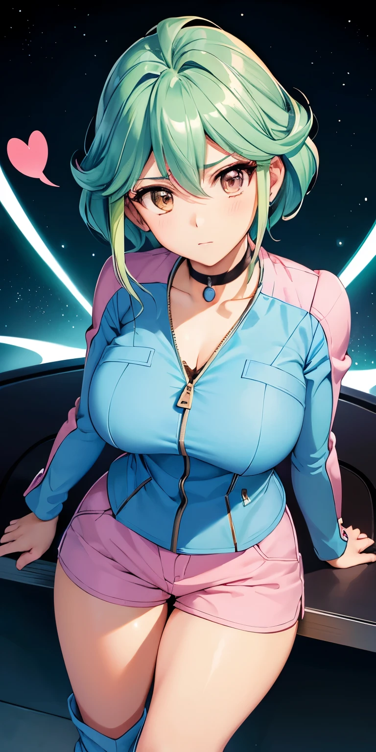 1 Female,High definition,high resolution,Ultra-realistic,8K, yu-gi-oh! arc-v, rin_arc_v, 1girl, solo, (large breasts, medium breasts:1.2), (wide hips:1.2), (blue jacket, long sleeves:1.2), (pink shorts, short shorts:1.3), black choker, barefoot,large breasts,(white boots),European,sexy,Upper body close-up,Photographed from the front,Dynamic Angles, medium tits ,(top view),(full body), green hair, spoken hearts 