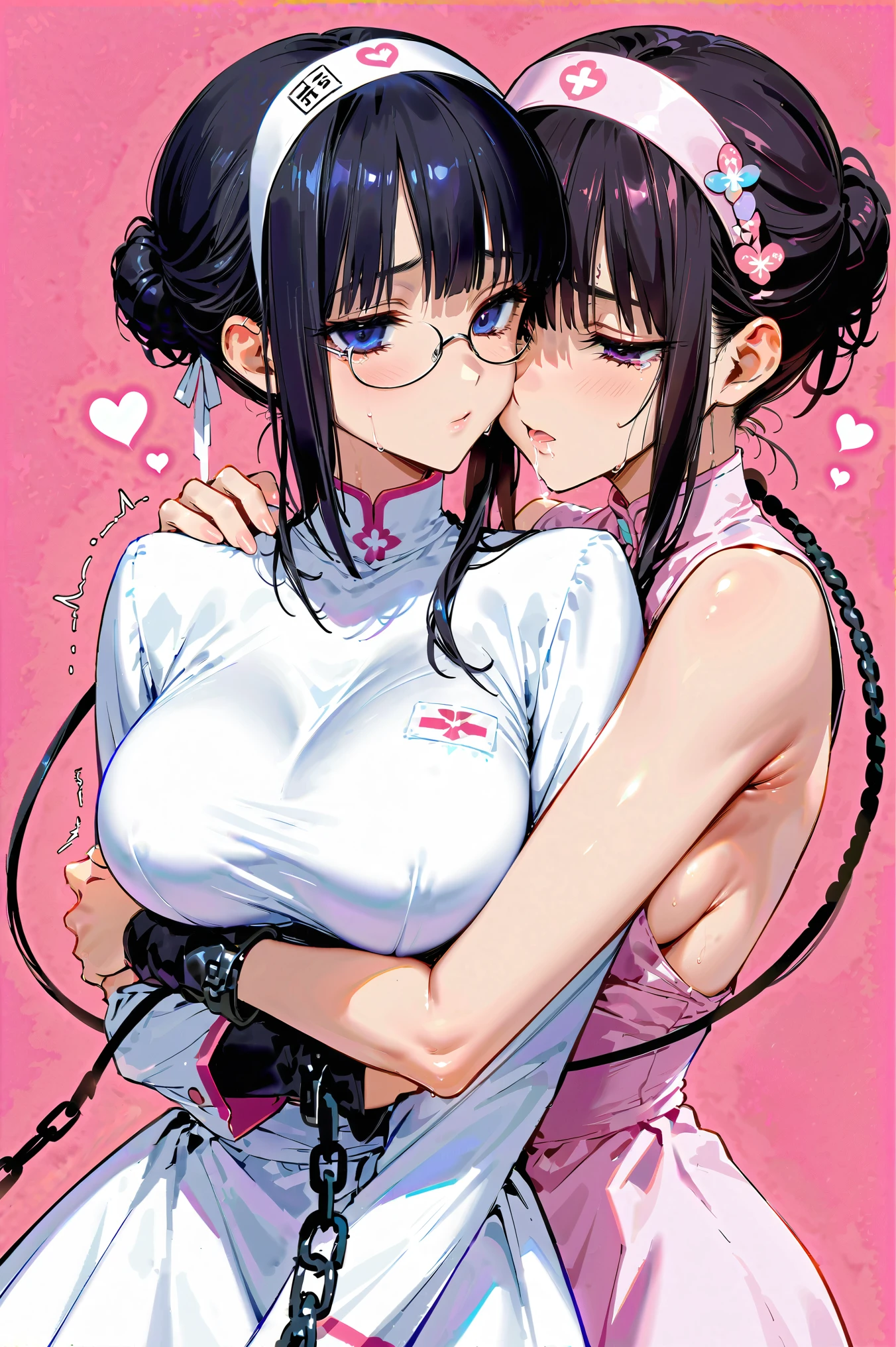 Two mature women hugging their shoulders and kissing, hair over eyes, detailed hairband, (( chignon hair))、Round Glasses, black hair, cowboy shot, large breasts、 THICK THIGS 、 simple background 、Heart mark, (tears、 drool 、Open your mouth、Expressionless、 Hollow Eyes:1.2)、(glistening skin), (oily skin), (shiny skin),(half closed eyes), luxury embroidered pastel nurse outfit、Trembling violently 、 (entangled in chains:1.8),