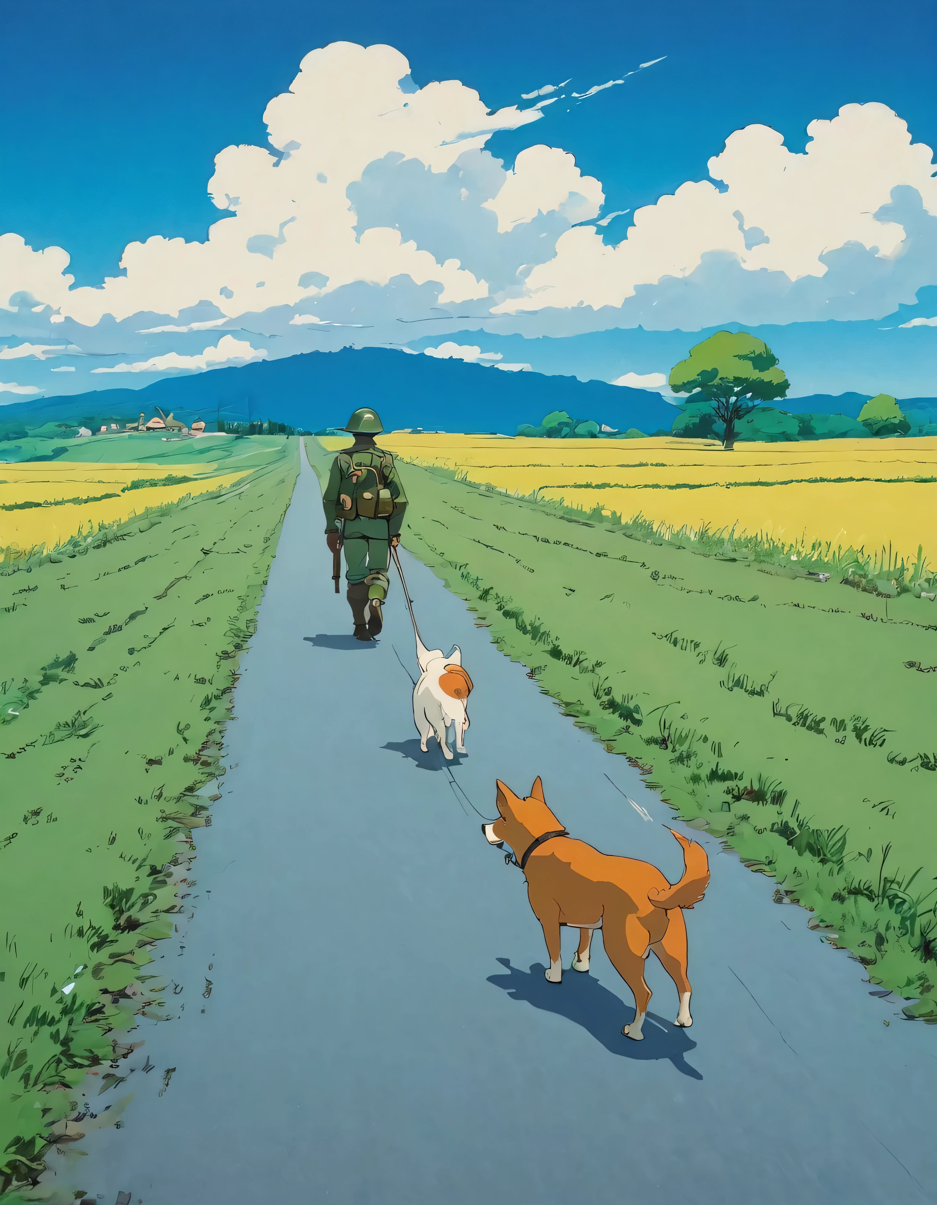 (minimalism:1.4), the soldier and dog on the road, Studio Ghibli art, Miyazaki, pasture with blue sky and white clouds