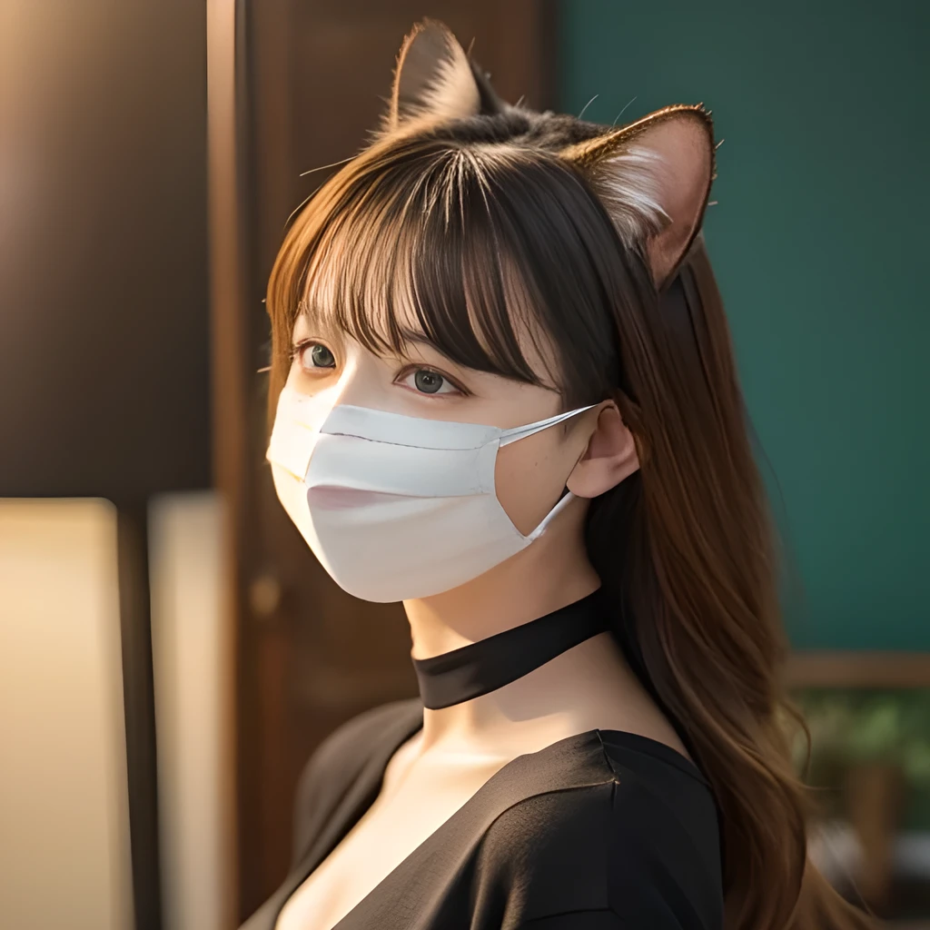 There is a woman wearing a mask and a cat mask., surgical mask covering mouth, attractive cat girl, medical mask, some of them use gask mask, Mask, wearing a mask, very beautiful cute catgirl, with kitsune mask, with a white muzzle, Nekomimi, face mask, sakimichan, dust mask, White mask,barechested,tits out,teats,NSFW,enticing