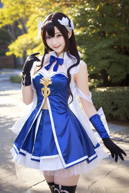 Photo-realistic quality、 Japanese model standing wearing clothes and gloves,   cosplay, anime girl  cosplay,  cosplay photo, Anime Goddess,  Genshin Impact, elegant glamourous  cosplay, Outfits with blue accents , プロフェッショナル  cosplay、 looking at the camera、Detailed and beautiful eyes、Cute smile、 soft and gentle expression 