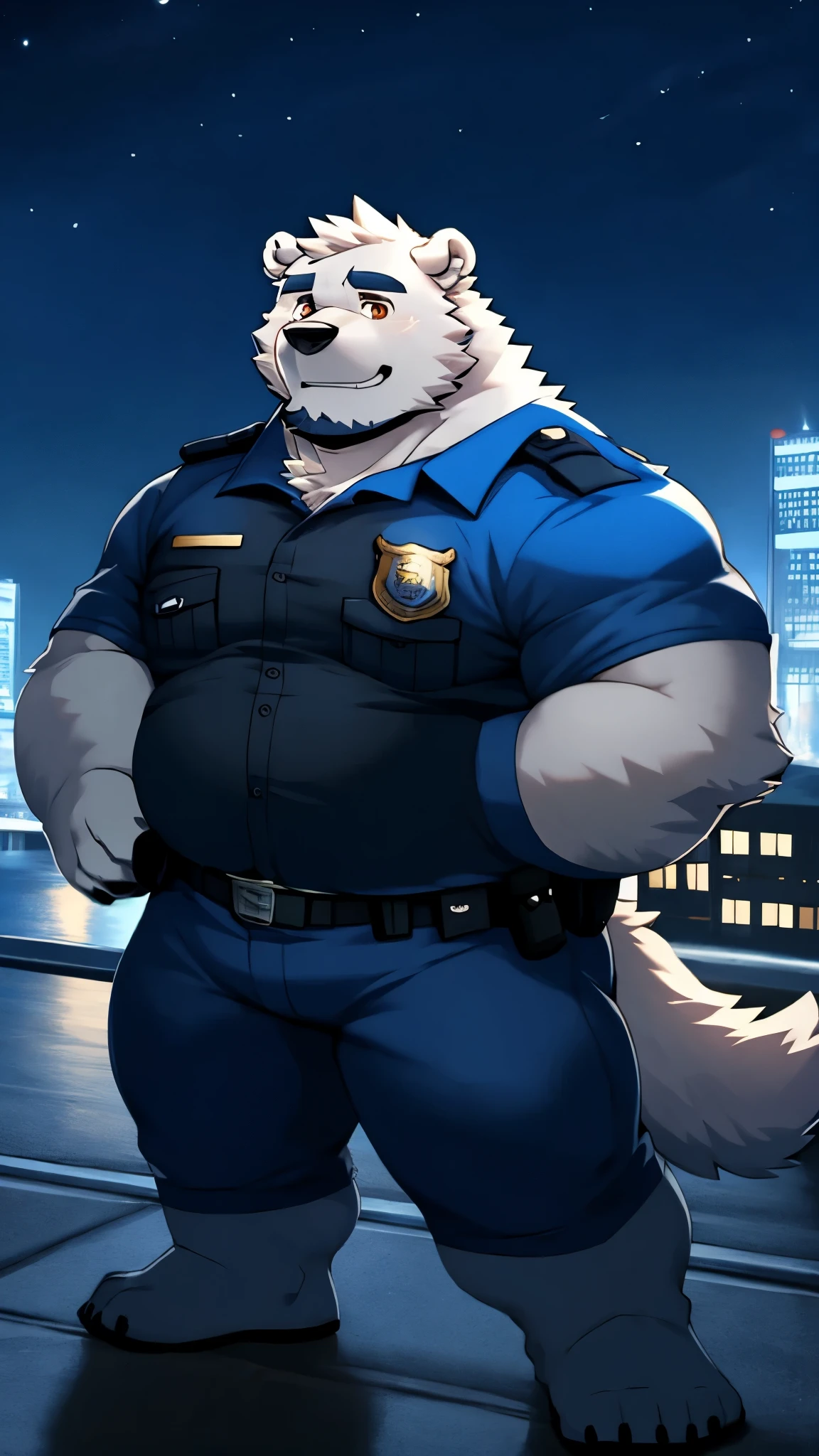 Anime Style, aid210, nj5furry, (( whole body )), ((police uniform)), standing, ((  plump middle-aged polar bear man)), BREAK (( brown eyes)), , Beautiful beard,  beautiful ears , (male face:1.3), (Big face:0.5),  square jaw , (Male eyes:1.2), (Sharp eyes:0.8), (big eyes:0.5), male eyebrows , ( innocent look :0.5), (beautiful black nails down to the smallest detail :1.2), BREAK (Complete Anatomy), ( detailed face:1.3),  beautiful face , ( detailed description ), (beautiful hands:1.2), ( detailed fingers :1.2), ( detailed eyes :1.1), ( beautiful eyes:1.1),  arm details , Leg Details, beautiful feet,  BREAK muscular Anthlo ,  body hair , (( hairy skin )), Fluffy, (Blood vessel:-0.8), (Radiant Skin:-0.7), (chest hair:0.5), (1 tail ), ( a beautiful and detailed little tail), BREAK night sky, City,  outdoor ,  very detailed ,  highest quality ,  ultra high resolution , realistic, 16k, masterpiece, beautiful detailed,  perfect solution ,  an absurdist , ( low light ),