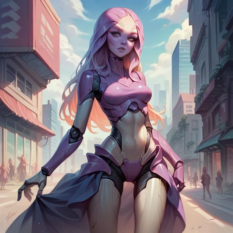  masterpiece ,  best quality ,  ultra high resolution ,  Realistic skin texture , Female alien, sexy, tight clothes,  white and purple color theme,  cybernetic armor , Tunica, city, metallic skirt, psionic powers , big head, Bifurcated legs