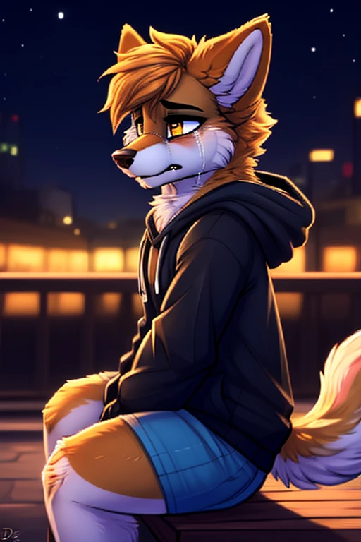 Solo, male, fox, grey fur, grey body, yellow eyes, detailed eyes, detailed hands, brown hair, medium hair, messy hair, short, slim, weak, unathletic, bony, stinky, smelly, sweaty, sweat, steam, steamy, dirty white shirt, ripped black jeans, by glitter trap boy, by darkgem, by chunie, by buta99, bulge, smirking, evil expression, licking lips, rape face, shirtless