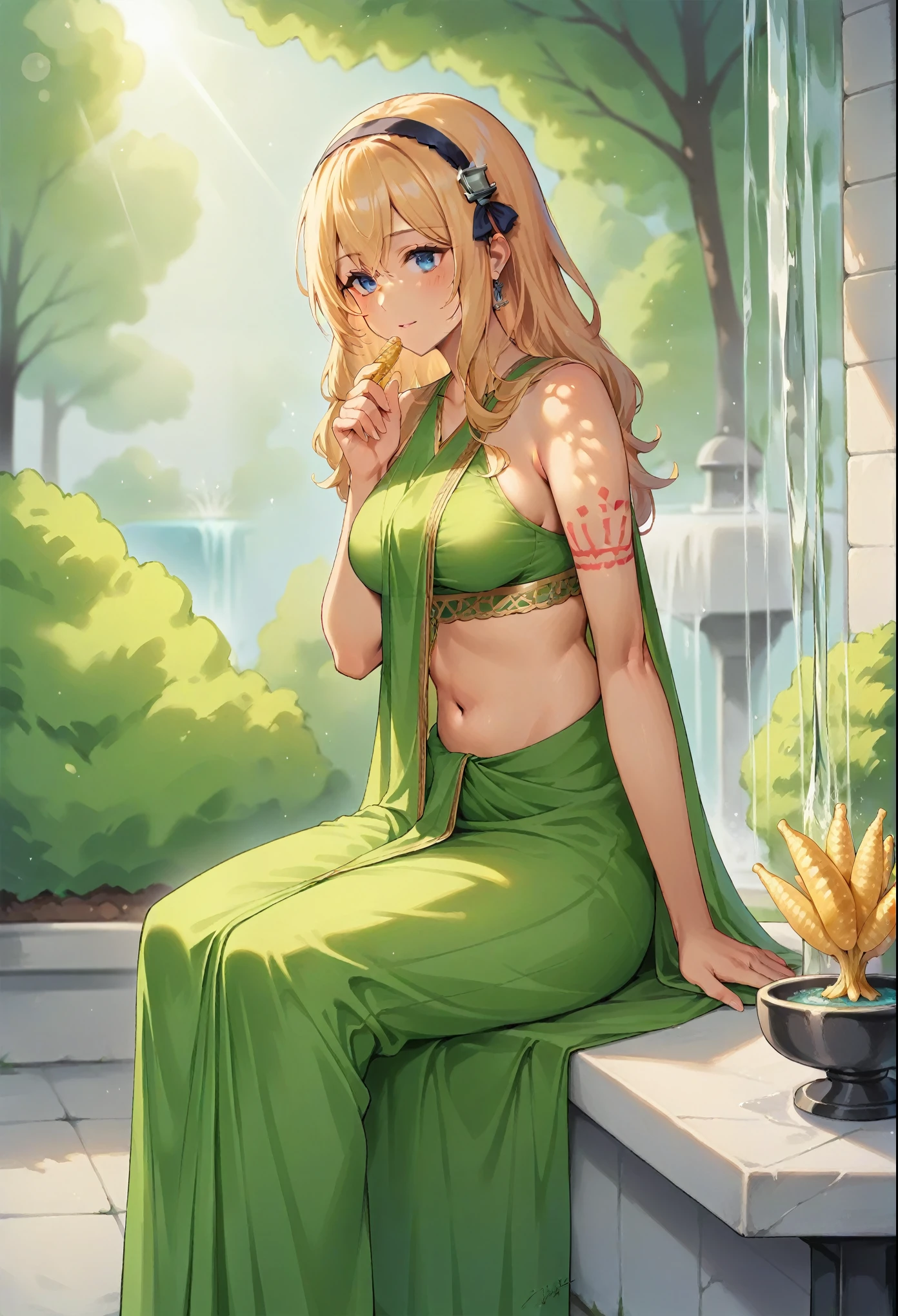 zPDXL, hi res, outside, park, sunlight, fountain, soft backlighting
BREAK 1girl, leander \(azur lane\), blonde, hairband, long hair, bangs, blue eyes, (dark skin:1.2), indian saree, long dress, Corn Green clothing, navel, jewelry, translucent, intricate clothing, gold trim, sitting, side view, henna, arm tattoo, hand tattoo, markings
