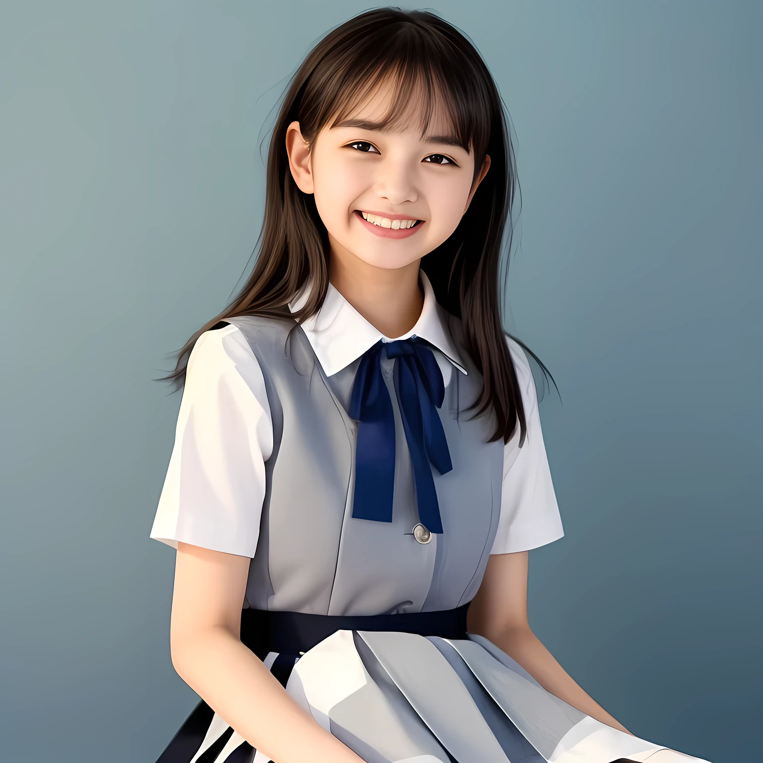 (Highest quality, masterpiece:1.2), Highest quality, High resolution, 1080P, 8k, height: 158cm, (A **** Japanese fashion model is seated, showing her palms, looking at the viewer, showing her cutest smile, very white face, using face-whitening cosmetics, prominent cool eyes, opened laughing giggling most open mouth, gray-gray-blue school summer uniform with gray-gray-blue vest and widely-boxed-pleats-short-skirt and silk blouse and red breast ribbon pulled by her hands, well-straitened long hair: 1.5), (white thighs and knees: 1.7), (Well-balanced, prominent, Intelligent, drooping, double-eyelids, brown shiny large prominent eyes with detailed: 1.5), (gray-gray-blue school uniform with gray-gray-blue vest and boxed-pleats-skirt, short-sleeves silk blouse, glossy red breast ribbon: 1.5), ((Beautiful well-figured glossy opened lips like fortissimo soprano singer: 1.2)), (mature breast), (Girl whom everyone loves because of her beauty and beautiful eyes and lovely fashion and noble manner), (Very beautiful, glossy, cute neat black hair, straight well-done hair-style: 1.3), (Drives me crazy for her glossy neat hair and Make me fall into love), (plain blue background: 1.6), (Best style like a **** fashion model, mature breast), (((Completely balanced beautiful big big eyes, looking at me))), (eyes, face and hair are especially beautifully detailed and beautifully drawn: 1.5), (Satisfactory best shot by professional famous photographer for school girl's beauty: 1.5), (The soft white light clearly shows her face extremely white: 1.2), (Very soft laughing cheeks, very soft hands pulling the breast ribbon down, People who touch it feel eternal pleasure: 1.2), (**** nicola fashion magazine model: 1.8)