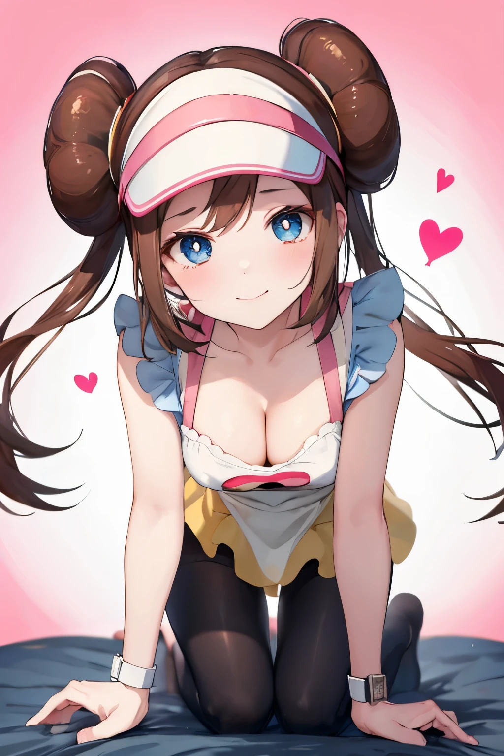 explosion, (nsfw), apron, pink, , Pop Background, feet , heart, all fours, cleavage, Cute ass, i love you, smile, courtship ,Small breasts, masterpiece, Best Quality, high resolution on down, ro1, Brown Hair, Perfect means, Hair Bun, blue eyes, Twin Tails, visor cap, pantyhose
