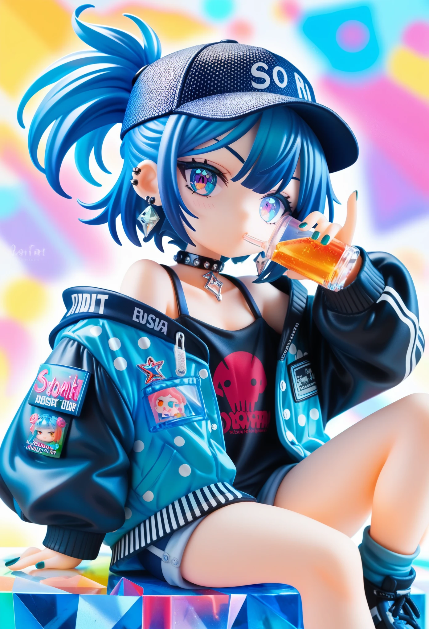 anime girl, pop art,chibi, colorful polka dot background,
bold graphic text, crystal,vivid blue hair,baseball cap, casual streetwear, oversized jacket, drinking from glass, sitting pose, crystal choker,minimalistic background, gothic vibe, multiple earrings, relaxed expression, multi vivid color nails, subtle lighting, modern urban style, edgy fashion, 