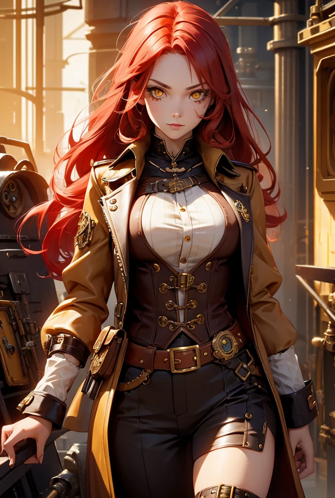 Design an artwork of a mechanical girl entwined in chains, set against a backdrop of a fiery vault. Her body, composed of intricate gears and clockwork, contrasts with the vibrant flames behind her. The setting should feature elaborate metallic engravings and a steampunk aesthetic, emphasizing red and metallic hues for a dramatic effect