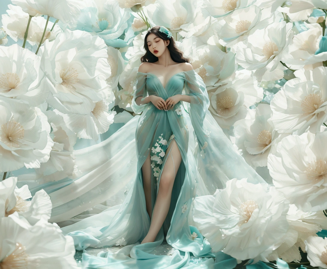 A beautiful woman stands gracefully among large, soft teal and white flowers. She wears a flowing, sheer teal gown with delicate details, exposing her shoulders and showing a slight slit in the skirt. The scene is ethereal, with a dreamy and soft light filtering through, creating a mystical atmosphere. Her hair is styled in loose waves, adorned with small flowers, and she has a gentle, elegant expression. The setting is lush, filled with oversized petals and leaves, enhancing the surreal, fairy-tale quality of the scene.