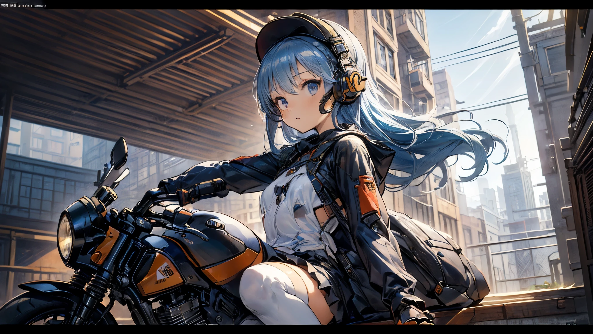 (((masterpiece))), ((( high resolution on down))), ((( perfect face)))、((( Japan Beauty )))、(( top quality i )), detailed texture, (( high resolution on downの顔)), ( best quality、Unity 8k,16k, wallpaper、masterpiece、Super detailed、超 high resolution on down、(Realistic)、( highly detailed backgrounds ), ((Detailed drawing))、Photoreal 1.2, exquisite, insanely detailed), ((4 fingers on 1 thumb , Perfect human hand)), (( perfect two legs)), very detailed facial and skin texture , (( detailed eyes on board)), Detailed lips, very detailed depiction of hair , (Inside a developed city ), (( girl , Semi-long and light blue hair color , headset, Petite, Small breasts)), ( body-fitting white gothic ta fashion, Partially see-through , knee socks, Loafers, mecha001), (I'm riding a superbike), (cowboy shot), looking at viewer