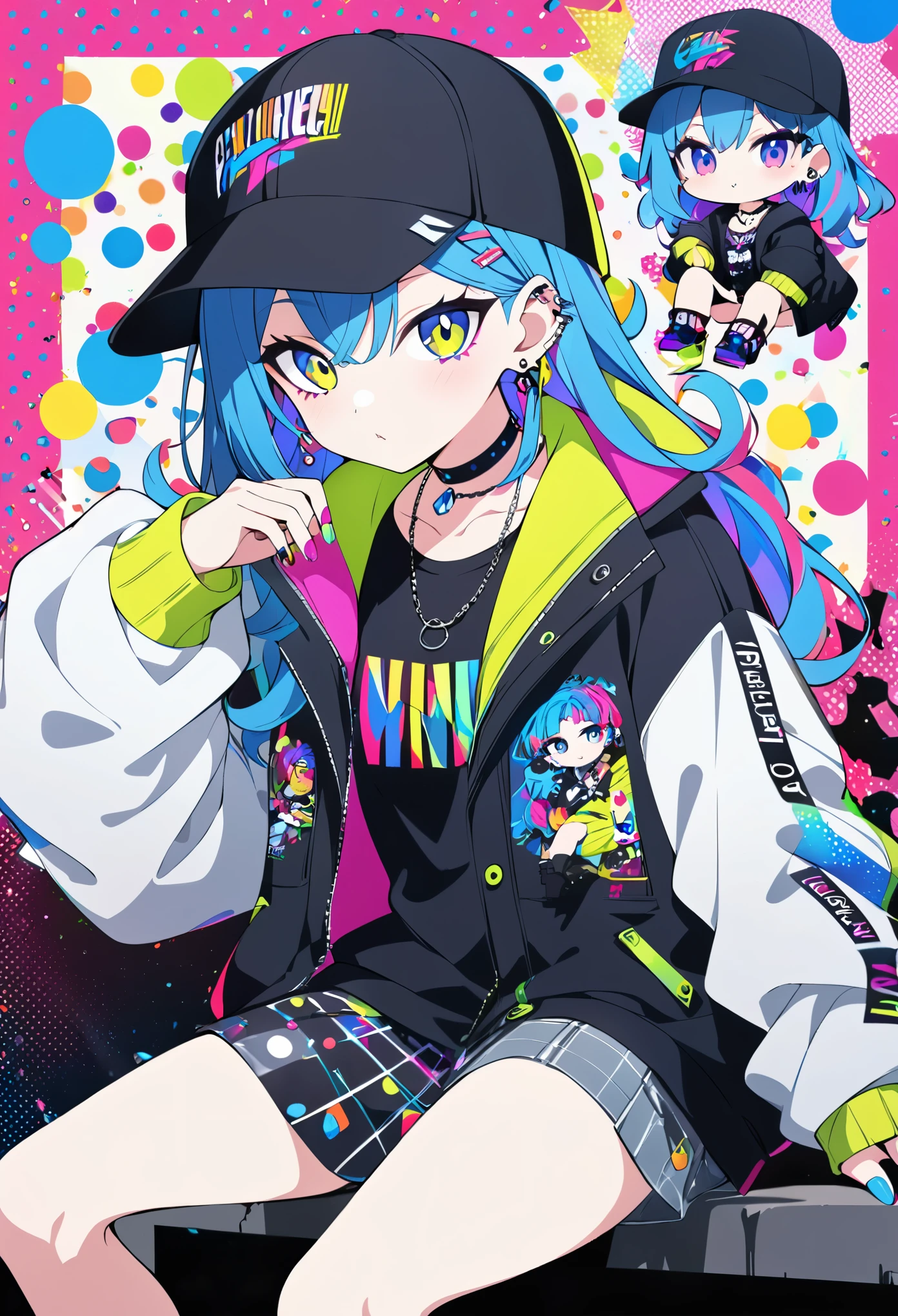 anime girl, pop art,chibi, colorful polka dot background,
bold graphic text, crystal,vivid blue hair,baseball cap, casual streetwear, oversized jacket, drinking from glass, sitting pose, crystal choker,minimalistic background, gothic vibe, multiple earrings, relaxed expression, multi vivid color nails, subtle lighting, modern urban style, edgy fashion, 