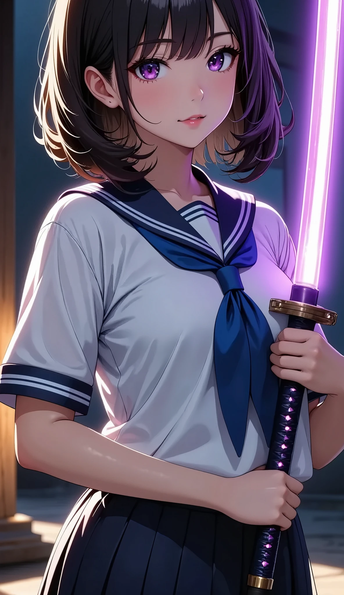 a beautiful young japanese schoolgirl in sailor uniform, holding a glowing purple katana sword, dramatic lighting, intricate details, hyper realistic, 8K, masterpiece