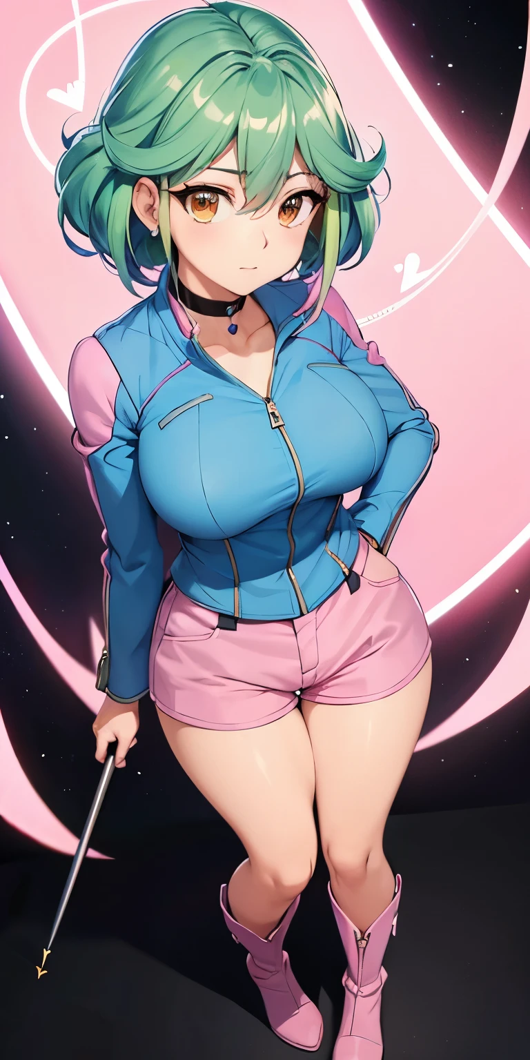 1 Female,High definition,high resolution,Ultra-realistic,8K, yu-gi-oh! arc-v, rin_arc_v, 1girl, solo, (large breasts, medium breasts:1.2), (wide hips:1.2), (blue jacket, long sleeves:1.2), (pink shorts, short shorts:1.3), black choker, barefoot,large breasts,white boots,European,sexy,Upper body close-up,Photographed from the front,Dynamic Angles, medium tits ,(top view),(full body), green hair, spoken hearts 