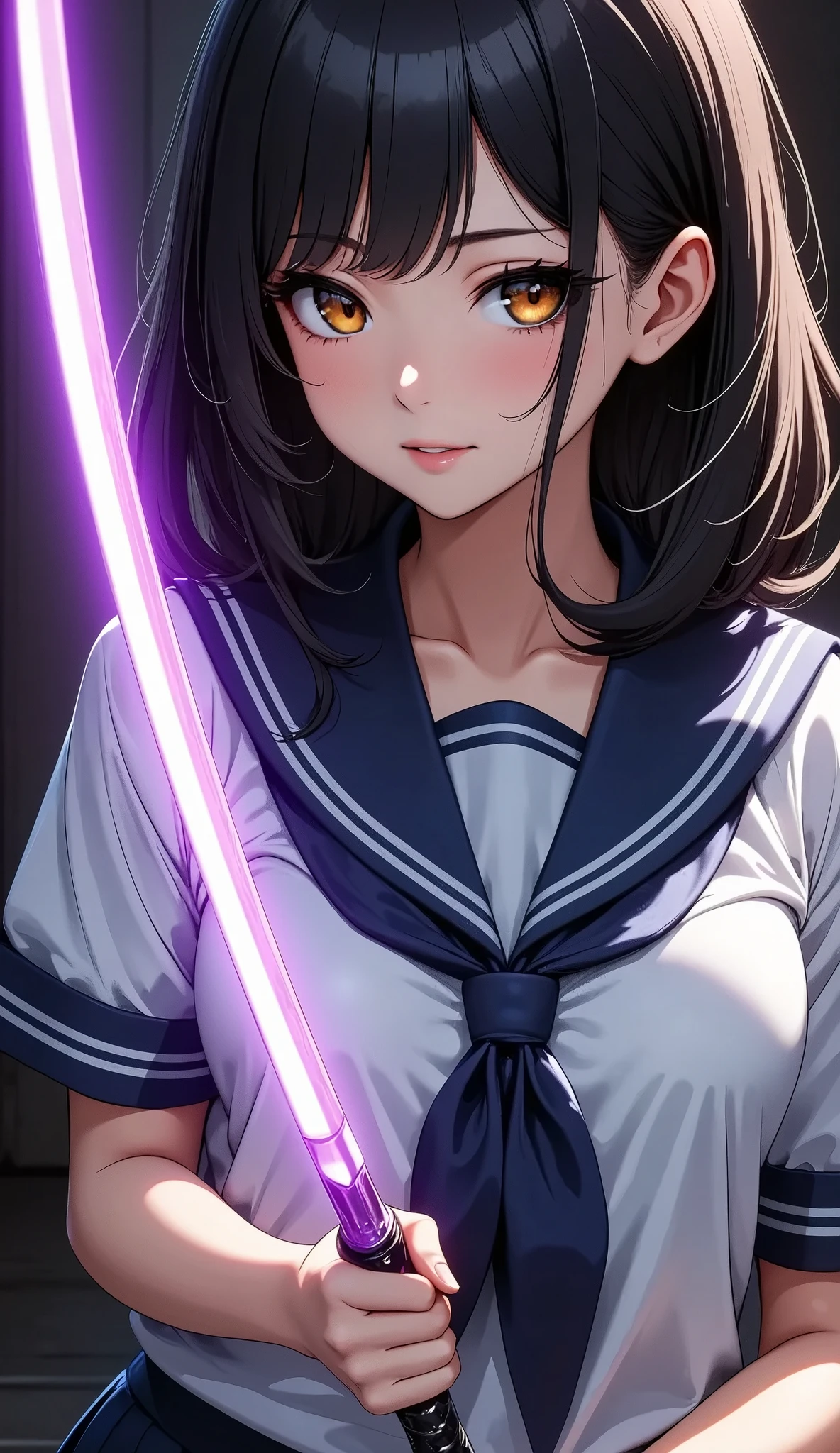 a beautiful young japanese schoolgirl in sailor uniform, holding a glowing purple katana sword, dramatic lighting, intricate details, hyper realistic, 8K, masterpiece