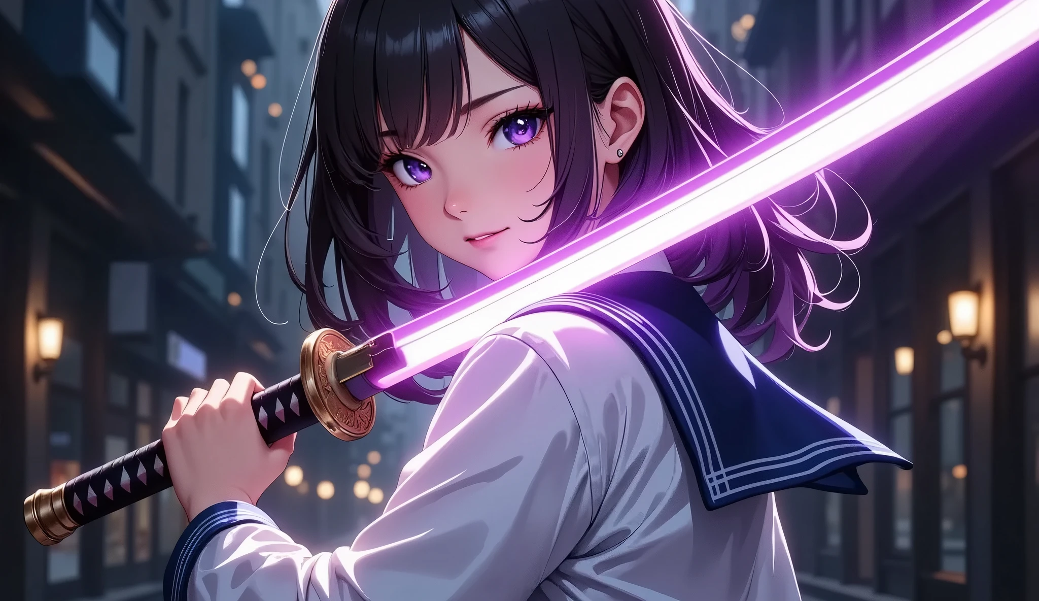 a beautiful young japanese schoolgirl in sailor uniform, holding a glowing purple katana sword, dramatic lighting, intricate details, hyper realistic, 8K, masterpiece