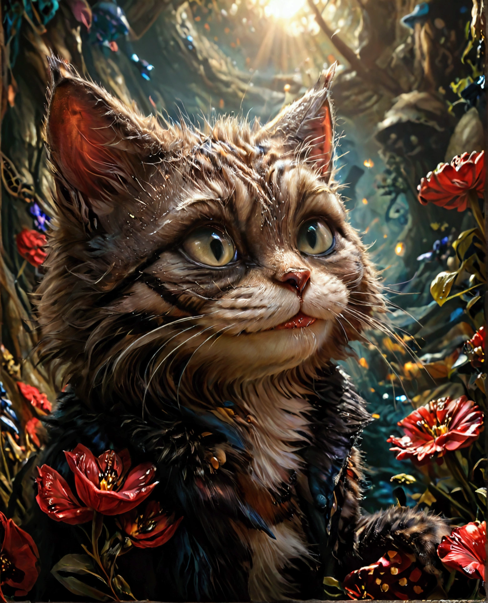 a smiling cheshire cat from the alice in wonderland story, fat cat, realistic highly detailed ultra hd, photorealistic, 8k, beautiful detailed eyes, beautiful detailed fur, sharp focus, dramatic lighting, surreal, fantasy, digital painting, hyperrealistic