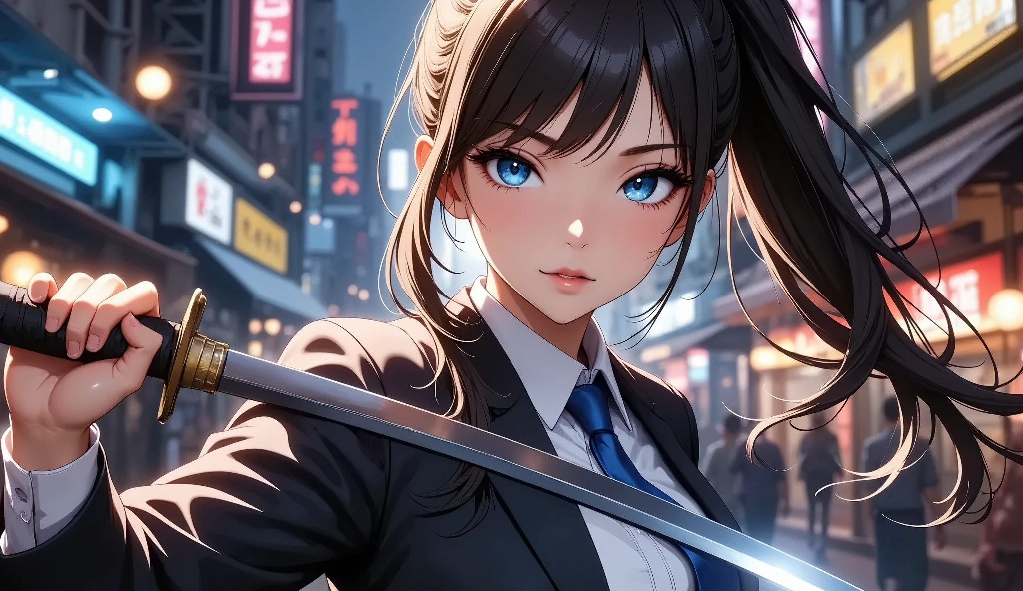 a beautiful young school girl holding a shining japanese sword, school girl in blazer uniform, action pose, (best quality,4k,8k,highres,masterpiece:1.2),ultra-detailed,(realistic,photorealistic,photo-realistic:1.37),extremely detailed eyes and face,longeyelashes,detailed school uniform,detailed japanese sword,dramatic lighting,cinematic,epic,dynamic composition,vibrant colors,dramatic atmosphere