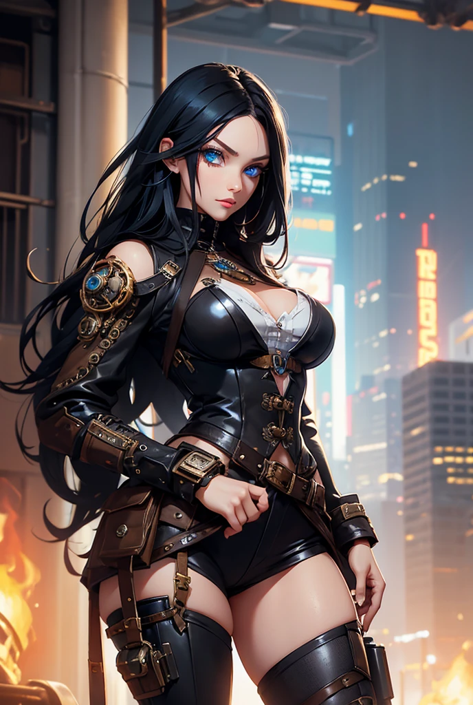 "((Techno-chic girl)) in Egypt Cyberstyle attire, surrounded by a surreal space landscape with fantastic planets, bathed in the cosmic glow of the golden hour, ((cybernetic elements)), ((rule of thirds)), ((futuristic masterpiece)), detailed, (best quality)