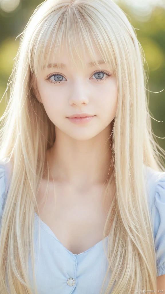 Extremely Beautiful Young First 々 A 14-year-old Extraordinary Beautiful Girl with an Innocent Face 、 Beautiful Beautiful Girl with a Very Beautiful, Sparkling, Bright Platinum Blonde Girl 、 cute,Crazy for love, Face focus , Frilled Summer Dress, Scandinavian bright blonde girl, bangs、目の間のbangs、目にかかるbangs、super long bright shining blonde、Low Contrast, ( Ha-Knee Smile :0.8),  There is cleavage in the chest,  Hair Scrunchie,   best quality ,  super high definition,  Realistic Pictures, Super detailed, 8K, Original photo,  Masterpiece 、 Very Beautiful, Shining Bright, Very Vivid Sky Blue, Very Big Eyes、 Dazzlingly Bright Very Beautiful Iris 、Very big eyes、white glossy skin 、 Cheek Gloss Highlights 、Small Face Girl、 eyeliner 、Blonde hair above the eyes、片Blonde hair above the eyes、目の間のbangs、Round face、両目の間のbangs、