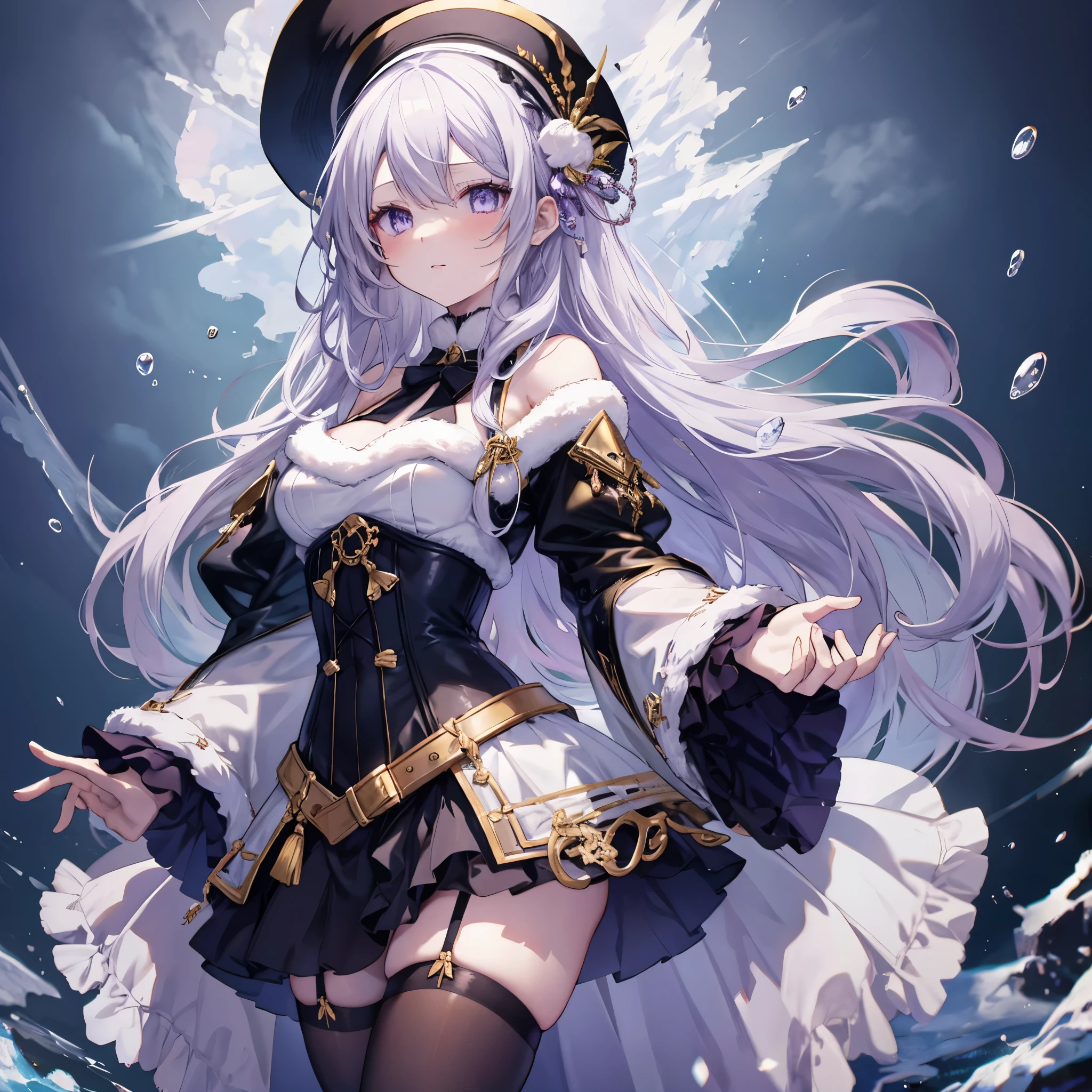 long long beautiful young woman anime style character with a design like, Her flowing silver hair and enchanting purple eyes . she wears winter-themed clothing 。Fluffy , white, a fur-lined dress and matching hat . The dress has intricate black and gold details , She also has , flared skirt showing right shoulder, and transparent long sleeves . She has black tights and a corset at the waist Please make a friendly , Warm look. The background is dark, accentuate her delicate features and elegant outfit , smaller, create a graceful effect with the drops of water floating around her .