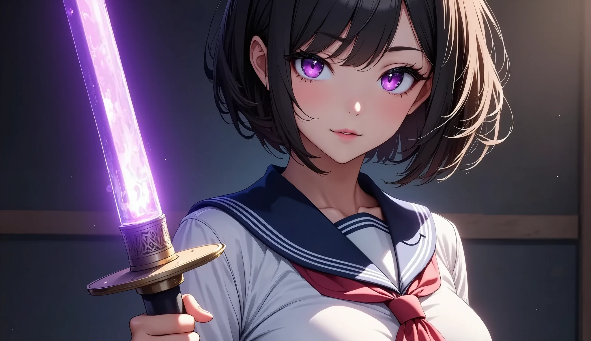 a beautiful young japanese schoolgirl in sailor uniform, holding a glowing purple katana sword, dramatic lighting, intricate details, hyper realistic, 8K, masterpiece