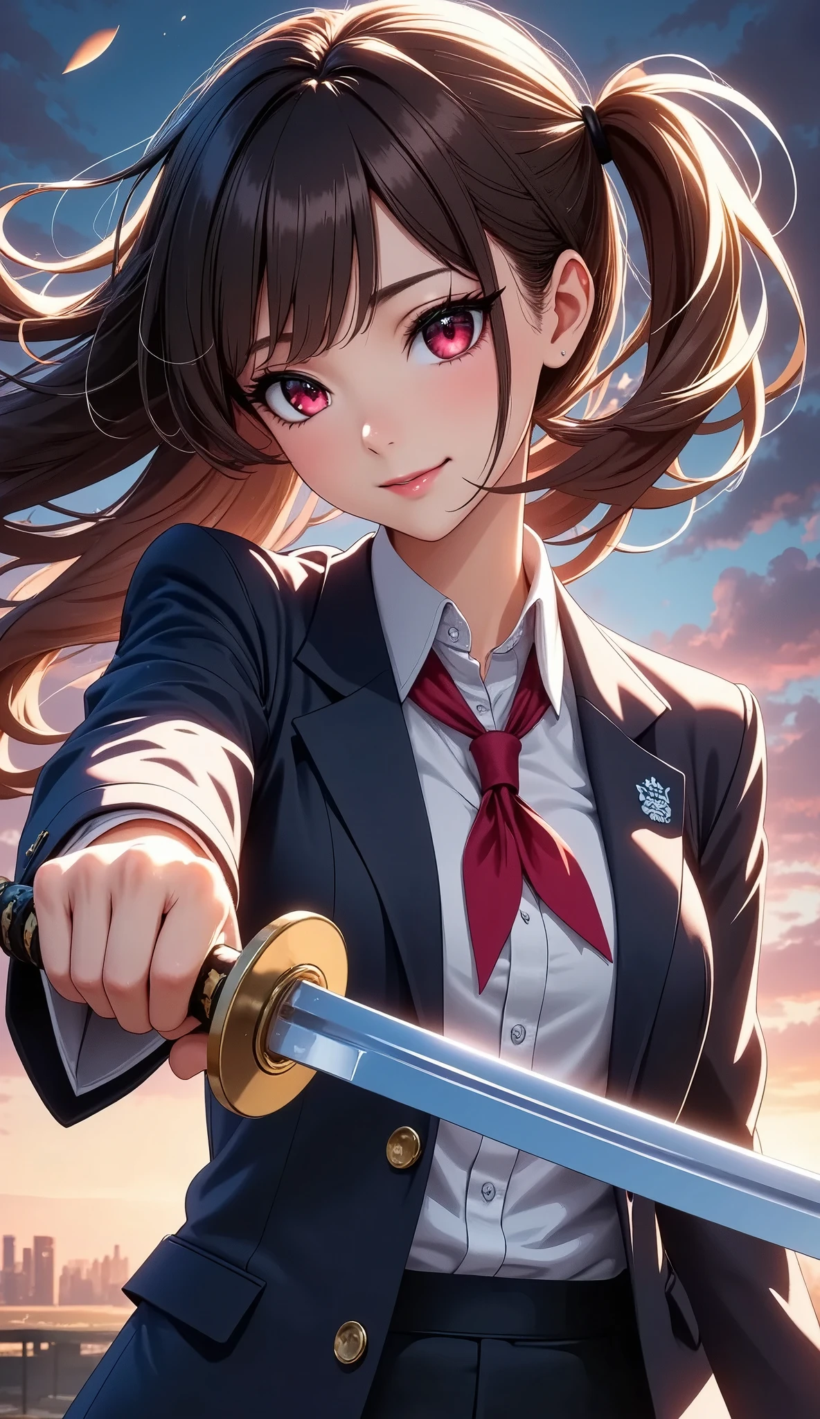 a beautiful young school girl holding a shining japanese sword, school girl in blazer uniform, action pose, (best quality,4k,8k,highres,masterpiece:1.2),ultra-detailed,(realistic,photorealistic,photo-realistic:1.37),extremely detailed eyes and face,longeyelashes,detailed school uniform,detailed japanese sword,dramatic lighting,cinematic,epic,dynamic composition,vibrant colors,dramatic atmosphere