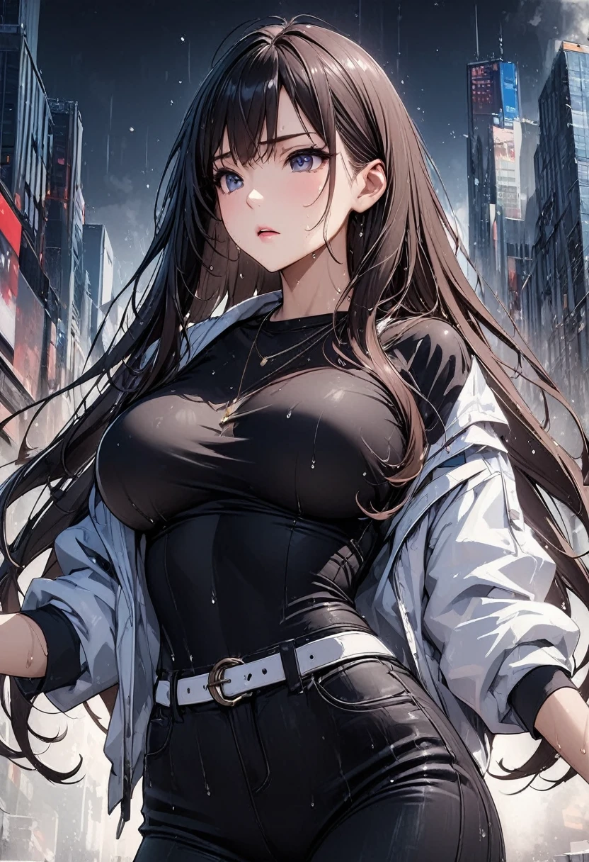 top-quality、Top image quality、masterpiece(1,4)、Android Girl((black mechanic body、、teen ager、Mechaniest Bust、big bast,Beautiful light blue eyes、Breasts wide open, a blond、A slender,Large valleys、dye one's cheeks red、Leaning forward、close to viewer、White breath、)),hiquality、Beautiful Art、Background with((Fantastic world、Ice Burn City at night、snowflakes falling、Heavy snow falls、snowman、ice tower)))、masutepiece、depth of fields,