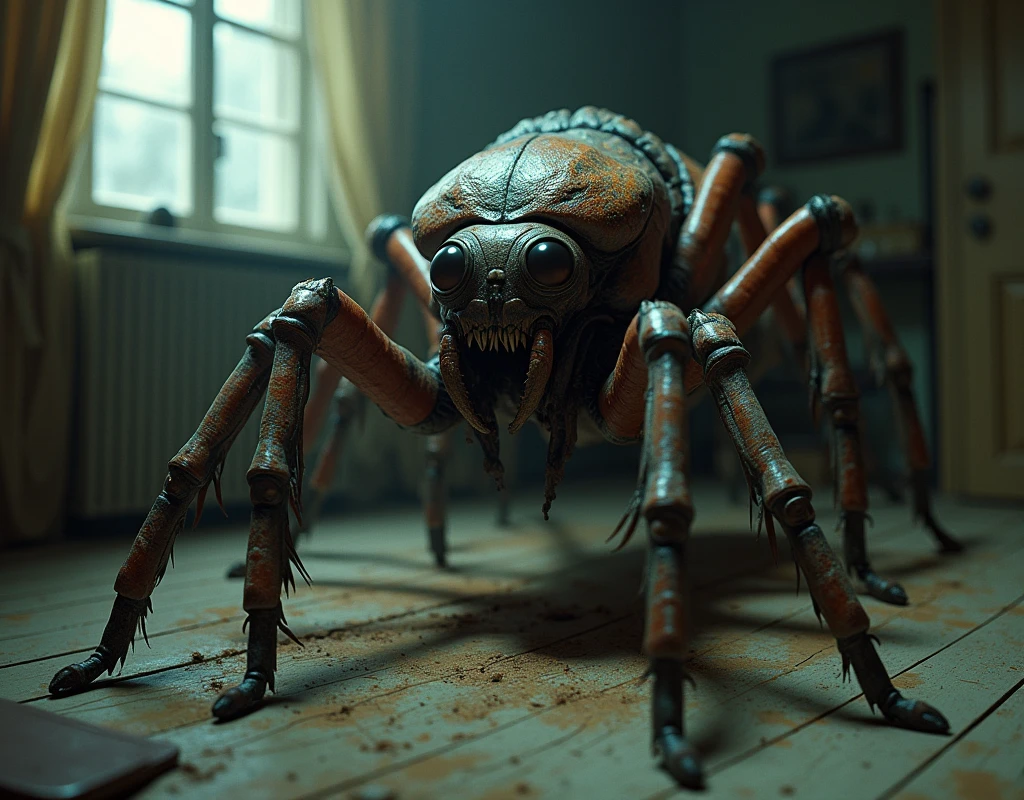 a (zombiecd:1.3, rotting:1.3, injury, crack,scar, spine:1.3, ferocity, damaged, dirty, varia, blood on face, green blood:1.5, clotted blood, bleeding, horror \(theme\):1.3) (spider:1.3, arachnid, spider web:1.3), (solo:1.2), monster, <lora:zombiecd-000016:0.8>, no humans, high quality, masterpiece, fantasy, realistic, photorealistic, (outdoors, full body, village, ruins, at night, dim light, close-up)