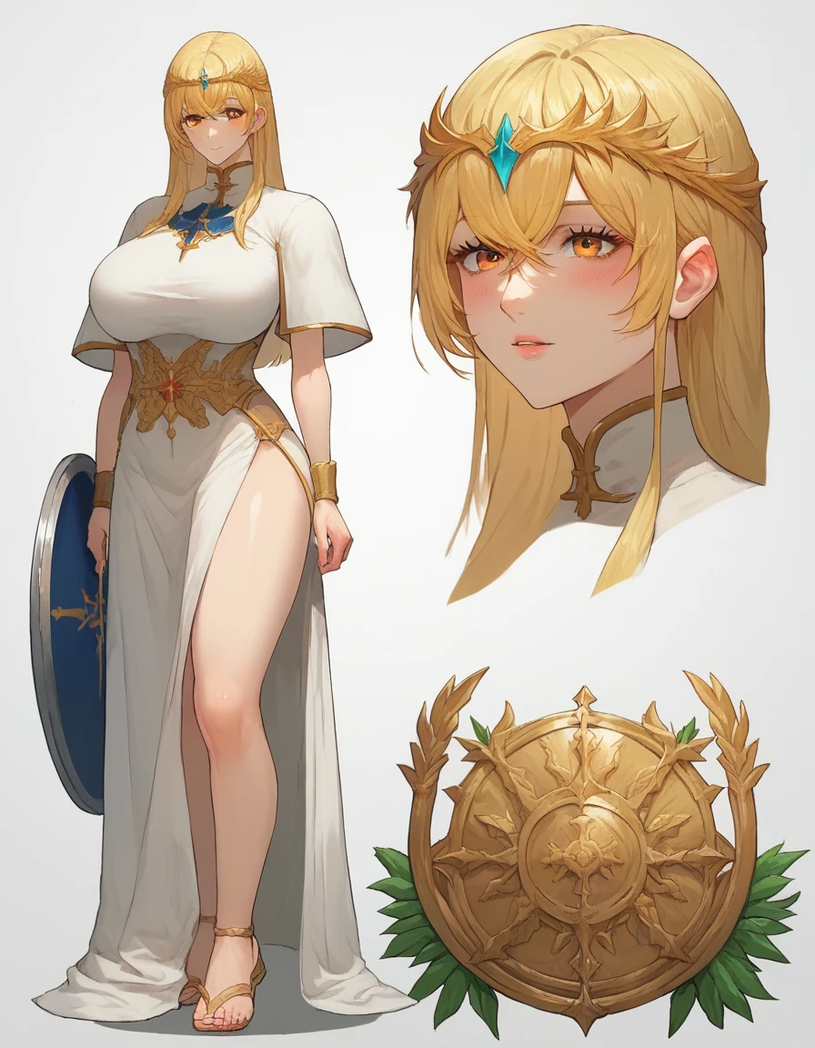 19 yo, (teen Sugar girl), (anime girl with long blonde straight smooth hair braidstrands and curtain-bangs:1.5), a saint/shield-bearer white-gold bareshoulders dress, simple golden-circlet, a priestess with amber eyes, anime moe artstyle, waifu, (mature woman with lean perfection abdomen:1.5), sweet sweet mommy's expression, blushing confident, (Droopiest Gigantic Largest), (1 arm behinds head - swaying hair), Curvy body, legs apart, (holding a Saint Staff on one hand and a Holy Shield on another hand:1.2), BREAK, simple white background, side view full body shot, (Smooth shading), subtle highlights, warm & soft pallette, polished painterly look, moe anime-style final fantasy brave exvius wars of the vision digital artstyle, character illustration style, character sheet, 2.5D, 128K UHDR Best Quallity