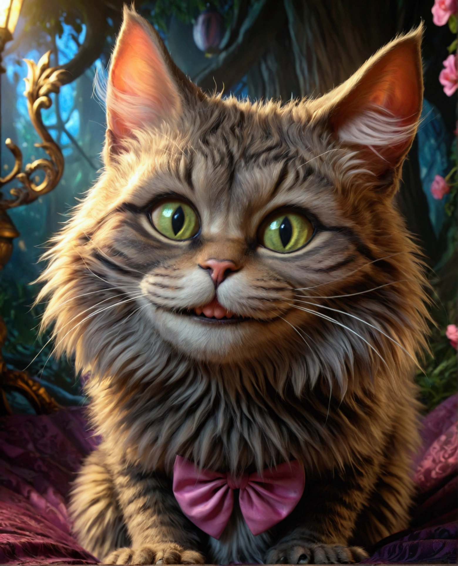 a smiling cheshire cat from the alice in wonderland story, fat cat, realistic highly detailed ultra hd, photorealistic, 8k, beautiful detailed eyes, beautiful detailed fur, sharp focus, dramatic lighting, surreal, fantasy, digital painting, hyperrealistic