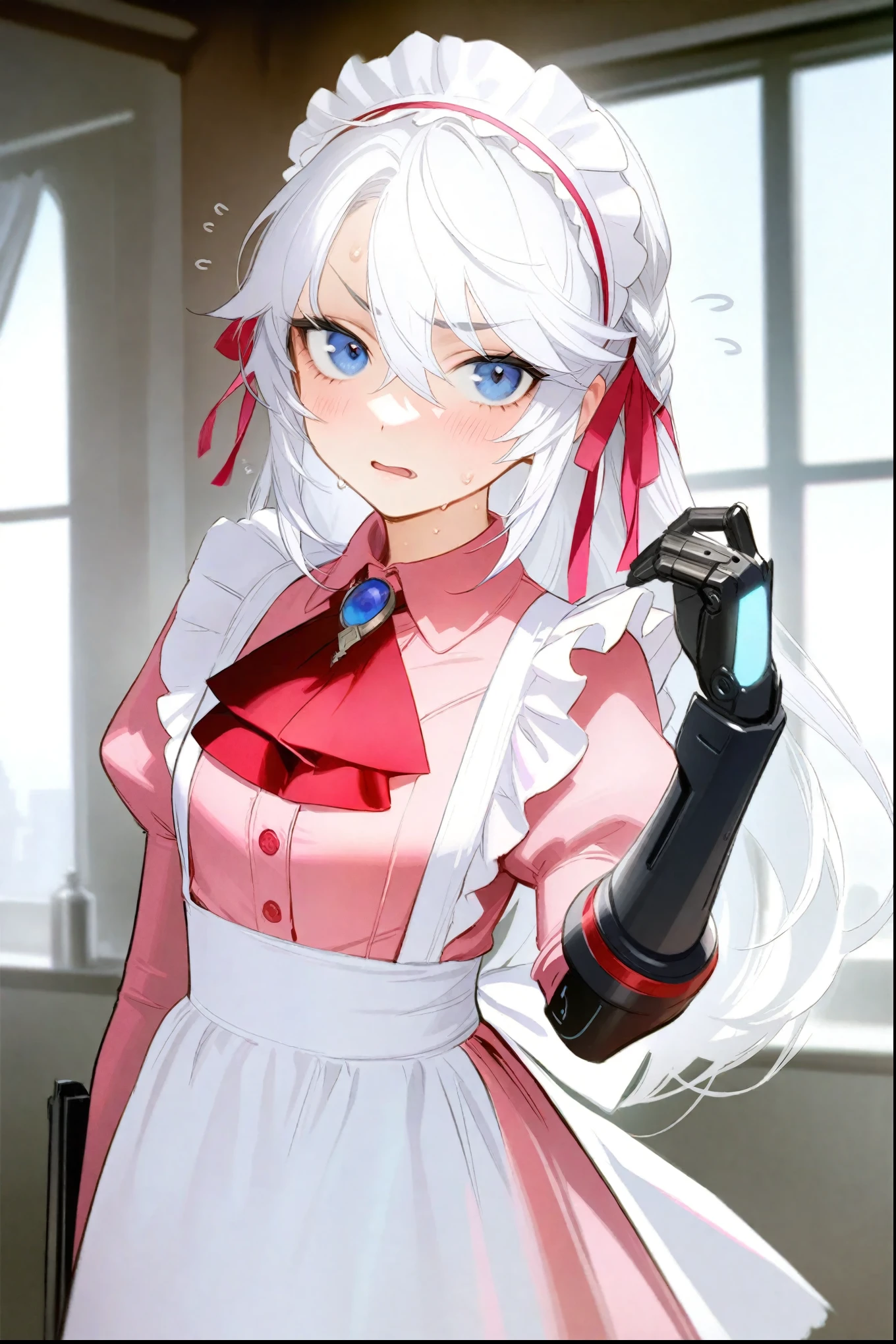 1girl, 
kfr, ohisashiburi, sho \(sho lwlw\), ask \(askzy\), 
imizu , nitro unknown, blush, embarrassed, looking at viewer, open mouth, solo, sweatdrop, brooch, ribbon, single mechanical hand, juliet sleeves, red ribbon, long sleeves, neck ribbon, braid, mechanical hands, blackletter, dress, frilled apron, alternate hairstyle, pink dress, blurry background, ascot, jewelry, tucking hair, pink ribbon, flying sweatdrops, enmaided, indoors, looking to the side, hair ribbon, apron, mechanical arms, white hairband, long hair, frills, sweat, alternate costume, nervous sweating, hairband, maid apron, maid, blurry, white hair, blue eyes, prosthetic hand, single braid, hair between eyes, prosthesis, flying, prosthetic arm, raised eyebrow, pink ascot, nervous, notepad, leaning to the side, puffy sleeves, curtsey, maid headdress, parted lips, 
masterpiece, best quality, newest, absurdres, highres, sensitive