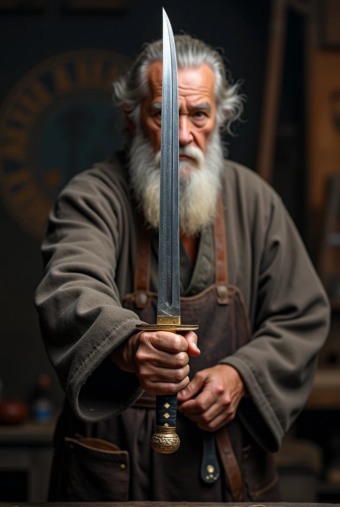 , a detailed high-definition studio photo , an elderly 14th century Asian blacksmith ,with a beard, in a dirty blacksmith's leather apron ,, hands us a wonderful katana into our camera (, holding it parallel to the ground with both hands ( a samurai katana  ( a katana of incredible workmanship , Damascus steel with a frost pattern ,  gilded on the guard and handle ,) photorealism, against the background of ancient Japanese forges of the 12th-13th century , an ancient Japanese blacksmith of the 13th century ,old Japanese Cooney hands a katana to the camera,