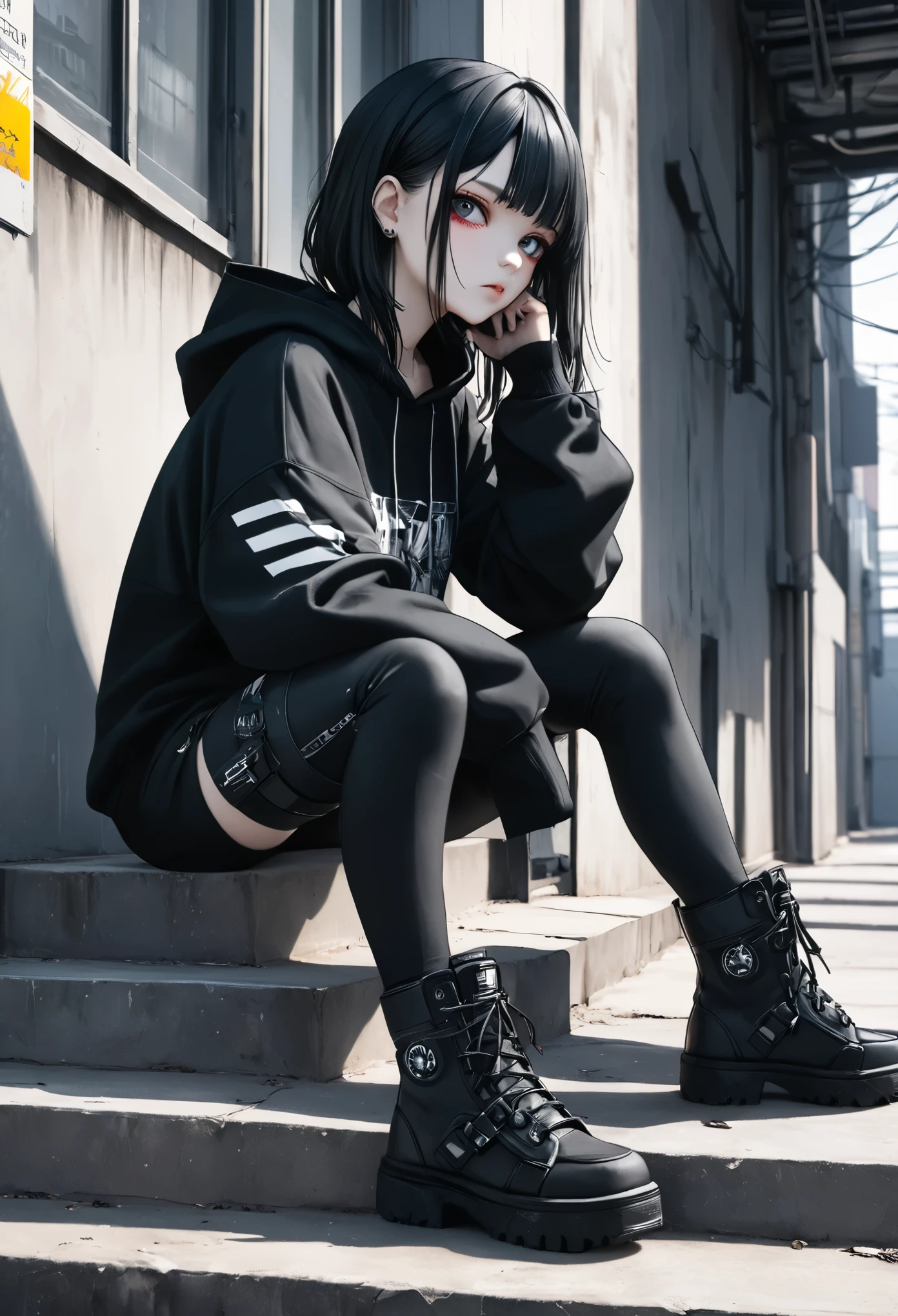 dark gothic,streetwear, anime girl, black hoodie, face mask, long dark hair, sitting on stairs, urban alley background, tactical boots, dystopian vibe, casual yet edgy, cyberpunk atmosphere, minimalist color scheme, mysterious expression, grunge aesthetic, urban decay, subtle lighting, detailed shadows, cool and relaxed pose, cityscape wires, muted tones