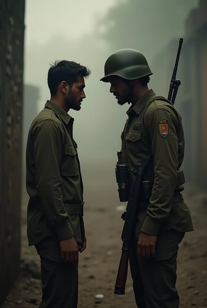 A girl wearing Pakistani traditional dress, covering her head with a white scarf sitting beside a military man in a jeep, looking at each others eyes intensely 