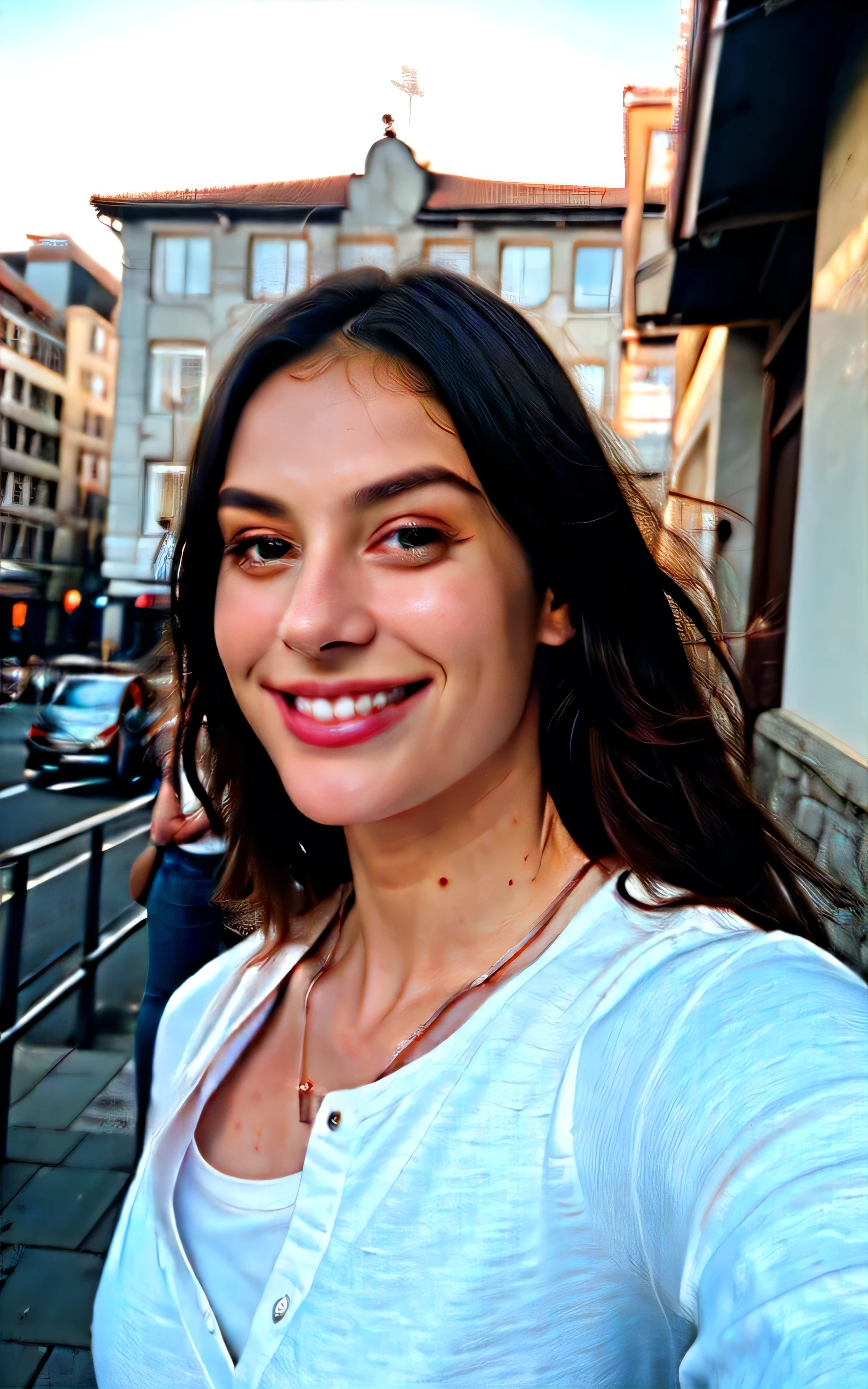 a 22 year old woman, ein elegantes Erscheinungsbild. My brown hair falls in long waves over my shoulders, frames my face and highlights my green eyes. Meine vollen, red lips are shaped into a smile. My snub nose is covered with freckles, which contrast with my tanned skin. Meine Augenbrauen sind dick und dunkel, gives me a seductive look. Meine Wangenknochen sind hoch und definiert, und meine Wimpern sind lang und geschwungen. zeigt meine Kurven. the model is standing on the street in an urban city, with his back to the camera, Gesicht zur Kamera gewandt. In the background are skyscrapers and taxis. the model is wearing jeans and a long-sleeved blouse,  her hands are behind her body. Ihr Haar ist offen und weht im Wind, and her makeup is light and natural. . Die Aufnahme ist nah am Modell, mit der Kamera etwas tiefer positioniert, to highlight their beauty. she laughs and smiles . she seems happy.