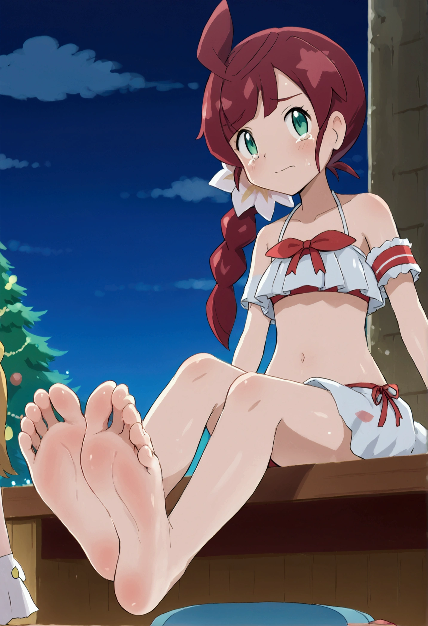 A christmas girl with hair sitting on a wooden bench on a beach and a boy crying from the ground on the other side..A photo with the name HIRU on the girl&#39;s dress and ADHI on the boy&#39;s armband.barefoot,foot focus