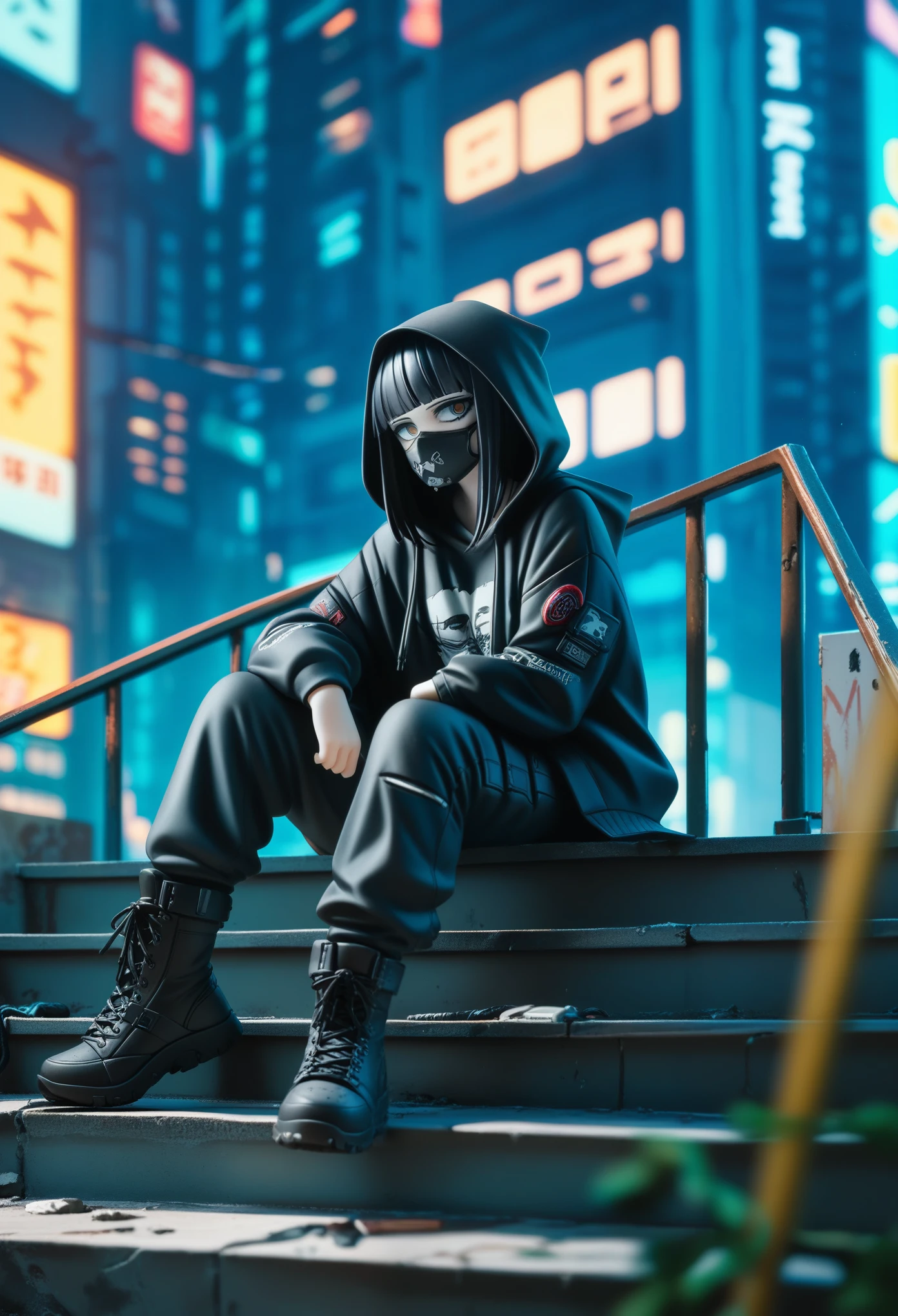 dark gothic,streetwear, anime girl, black hoodie, face mask, long dark hair, sitting on stairs, urban alley background, tactical boots, dystopian vibe, casual yet edgy, cyberpunk atmosphere, minimalist color scheme, mysterious expression, grunge aesthetic, urban decay, subtle lighting, detailed shadows, cool and relaxed pose, cityscape wires, muted tones